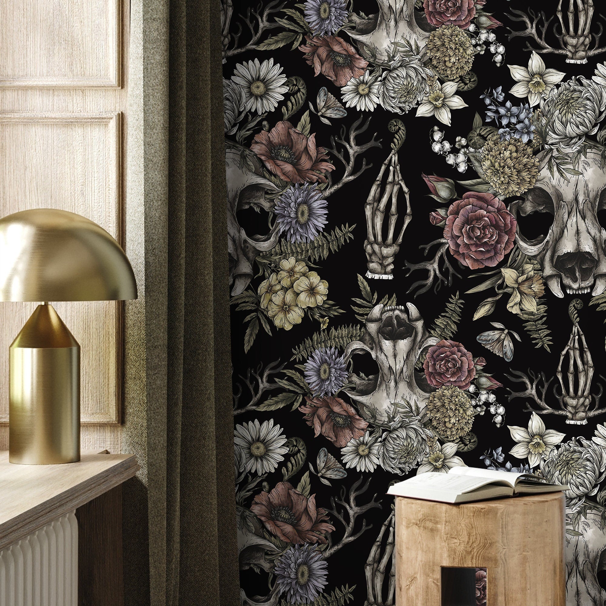 Gothic Wallpaper With Floral Skulls In Muted Rose, Yellow, And Purple - D832