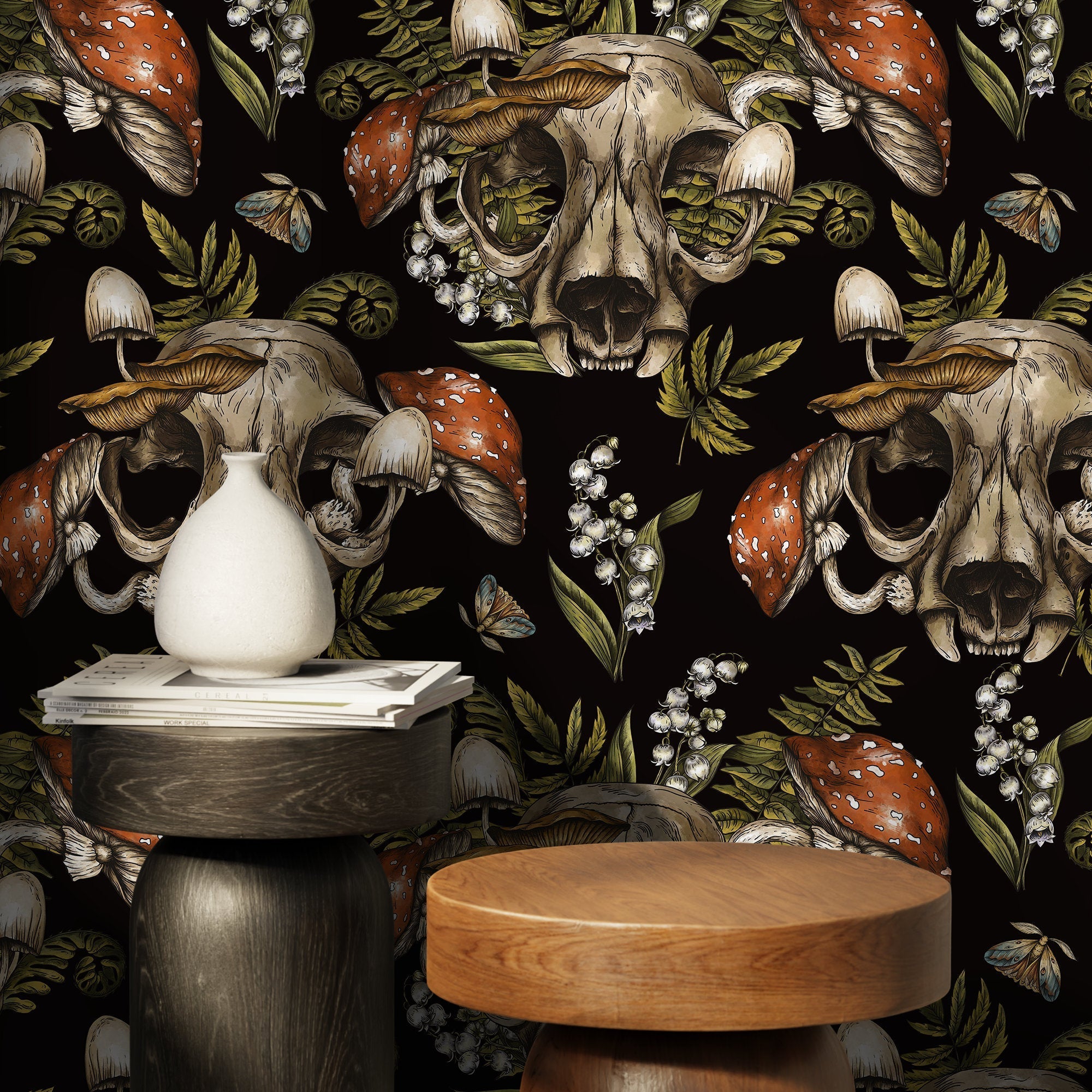 Gothic Wallpaper Featuring Animal Skulls And Mushrooms In Black And Red - D833