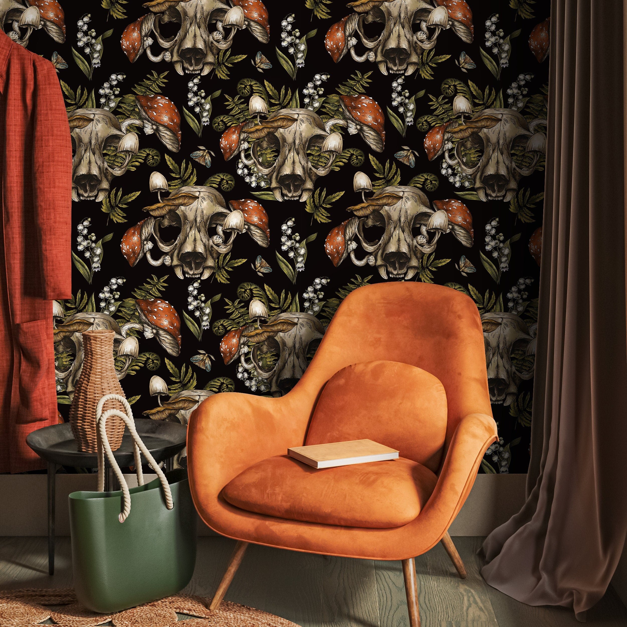 Gothic Wallpaper Featuring Animal Skulls And Mushrooms In Black And Red - D833