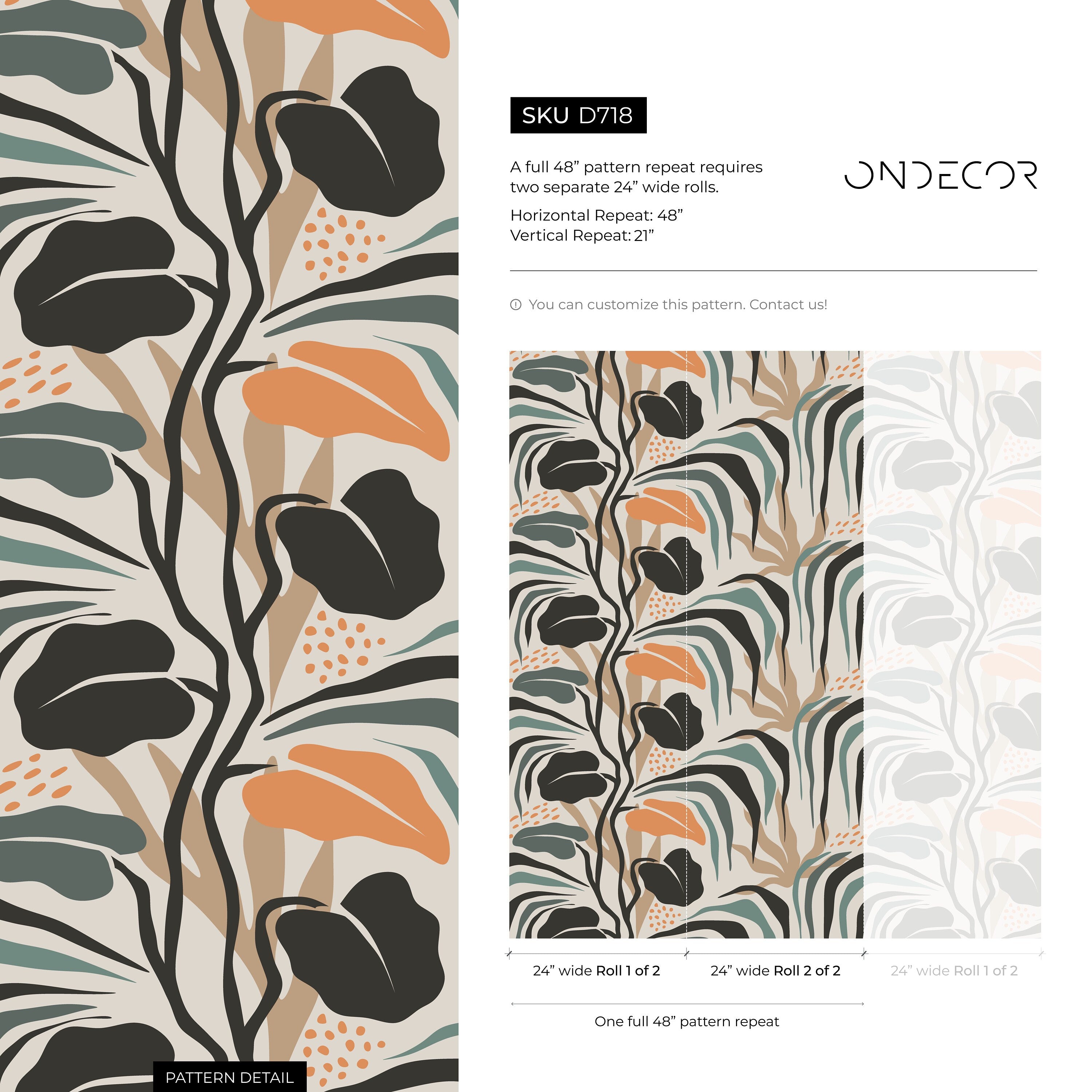 Botanical Wallpaper With Abstract Tropical Leaves In Black, Teal, And Orange - D718