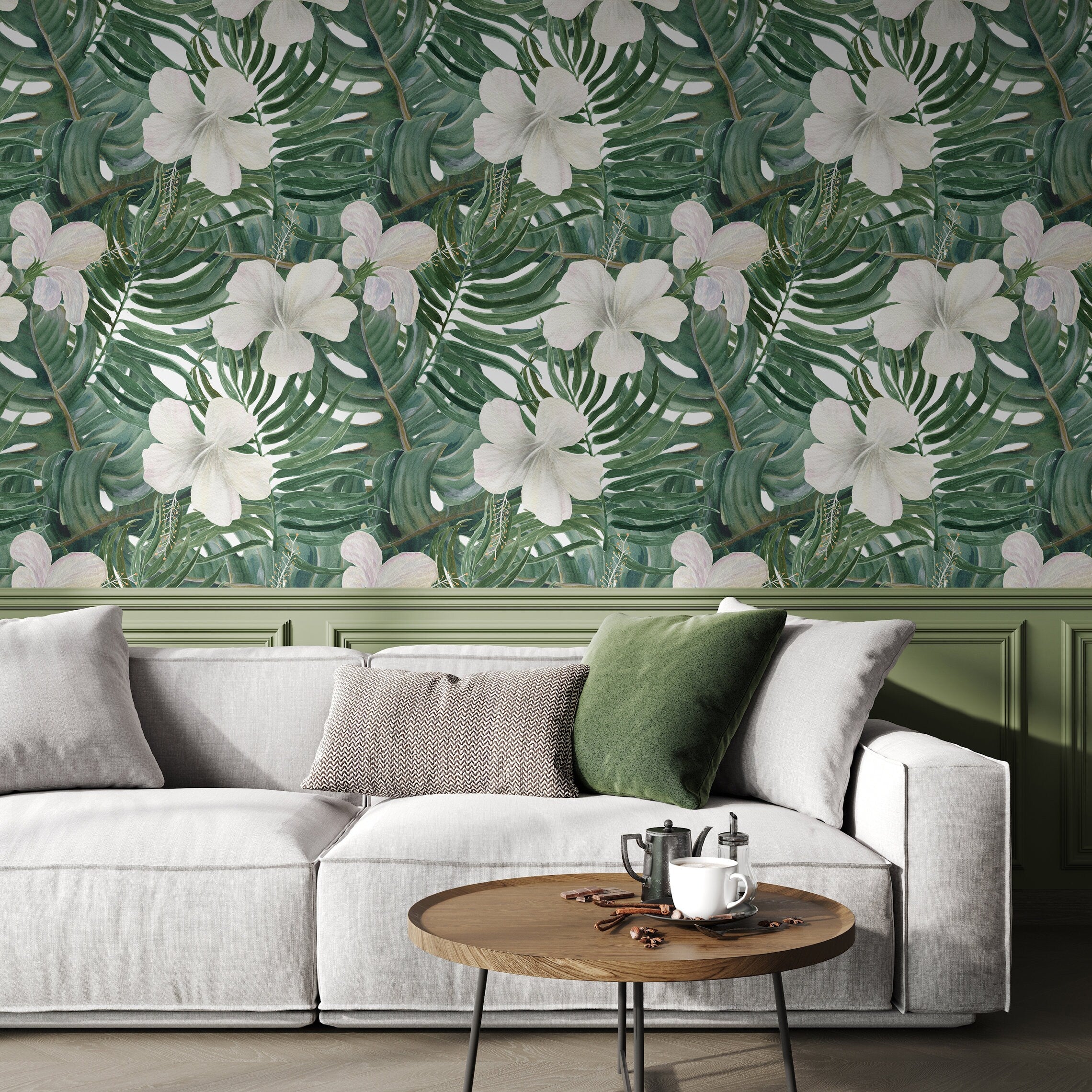 Tropical Wallpaper With White Hibiscus And Palm Leaves In Green And White - D957