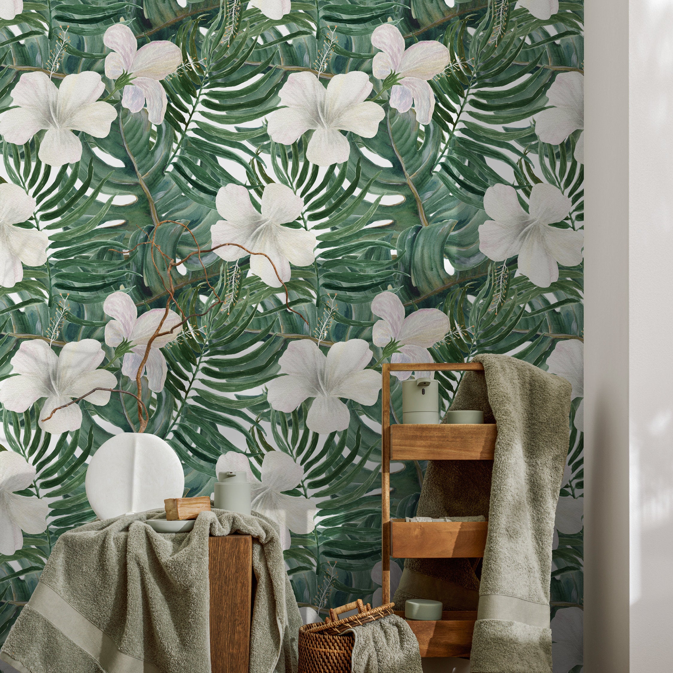 Tropical Wallpaper With White Hibiscus And Palm Leaves In Green And White - D957
