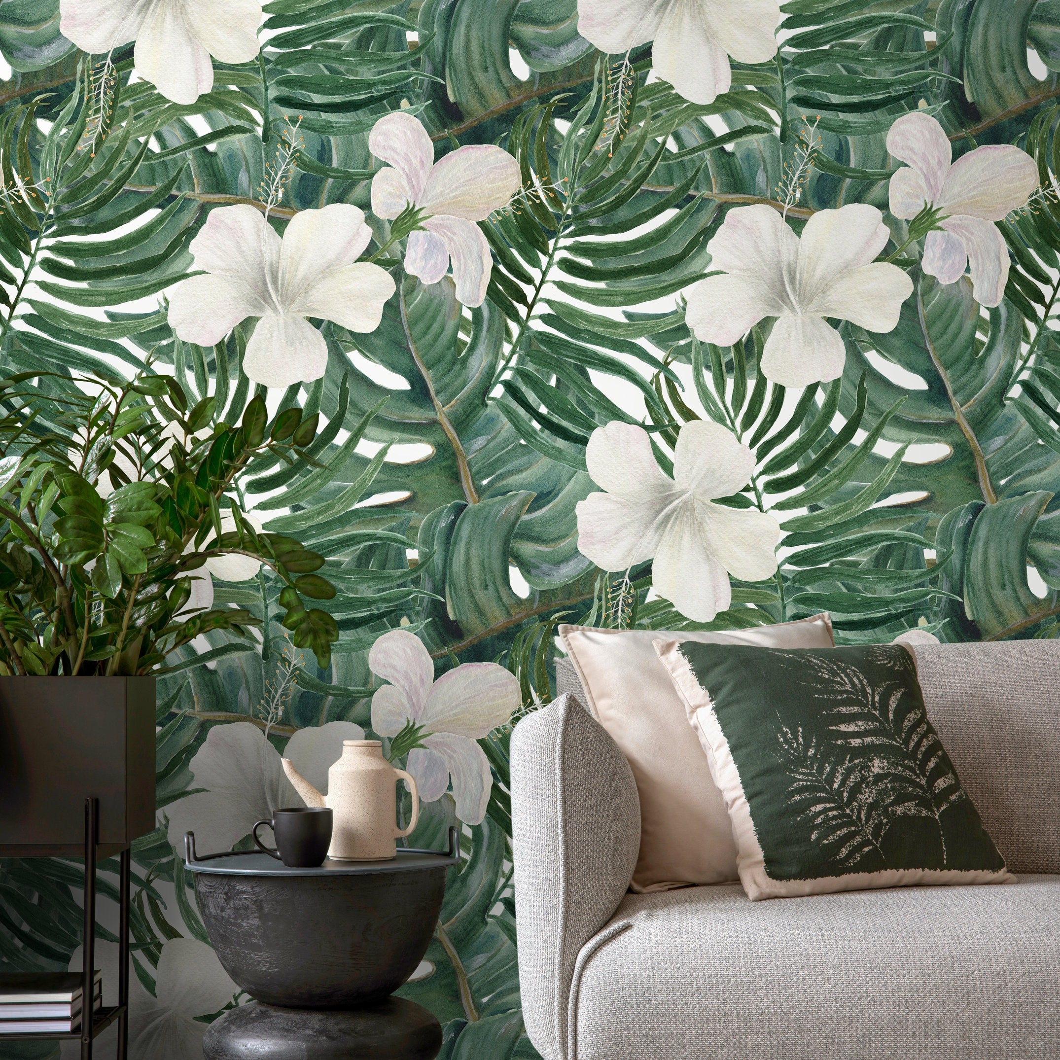 Tropical Wallpaper With White Hibiscus And Palm Leaves In Green And White - D957