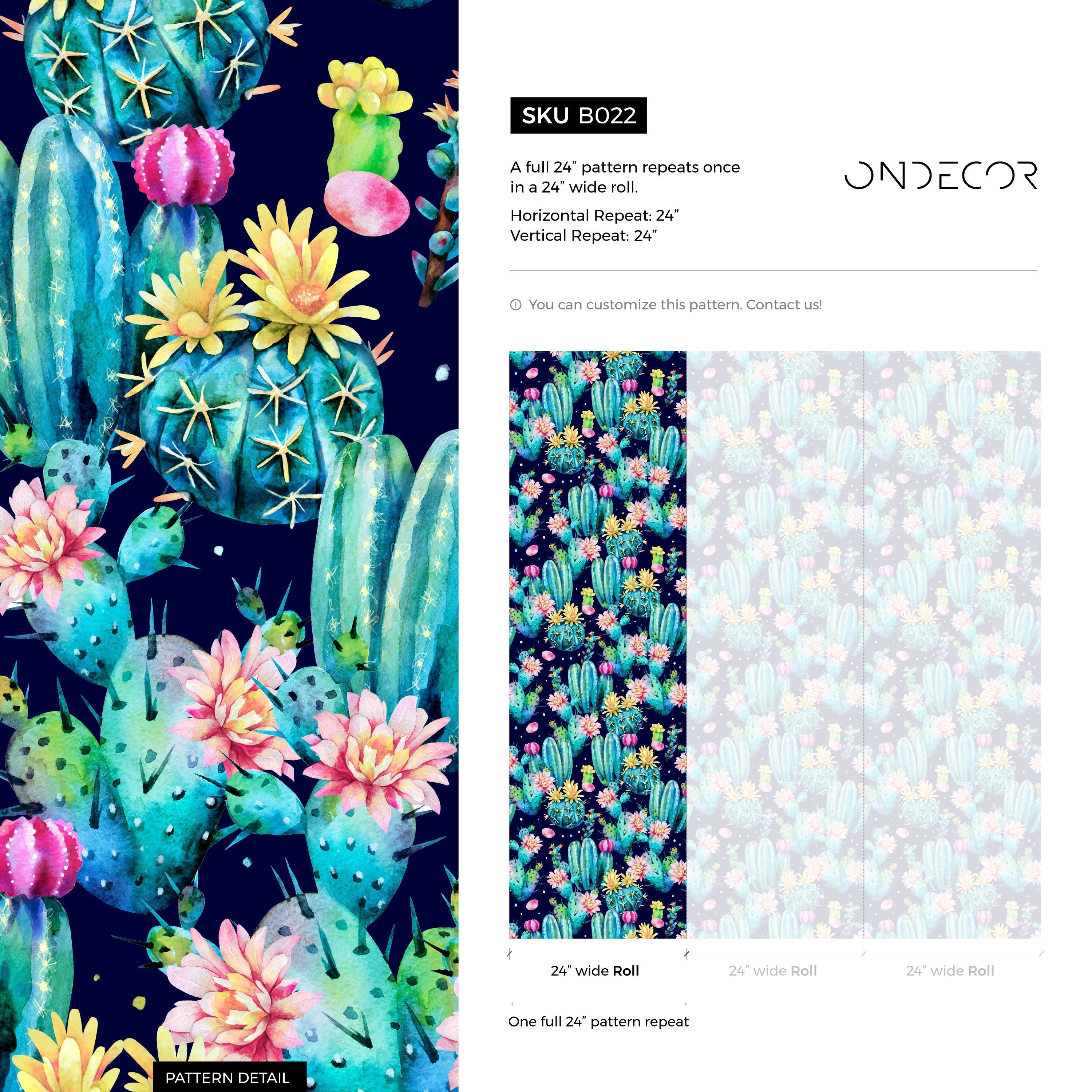 Botanical Wallpaper With A Blooming Cactus Motif In Teal, Pink, And Blue - B022