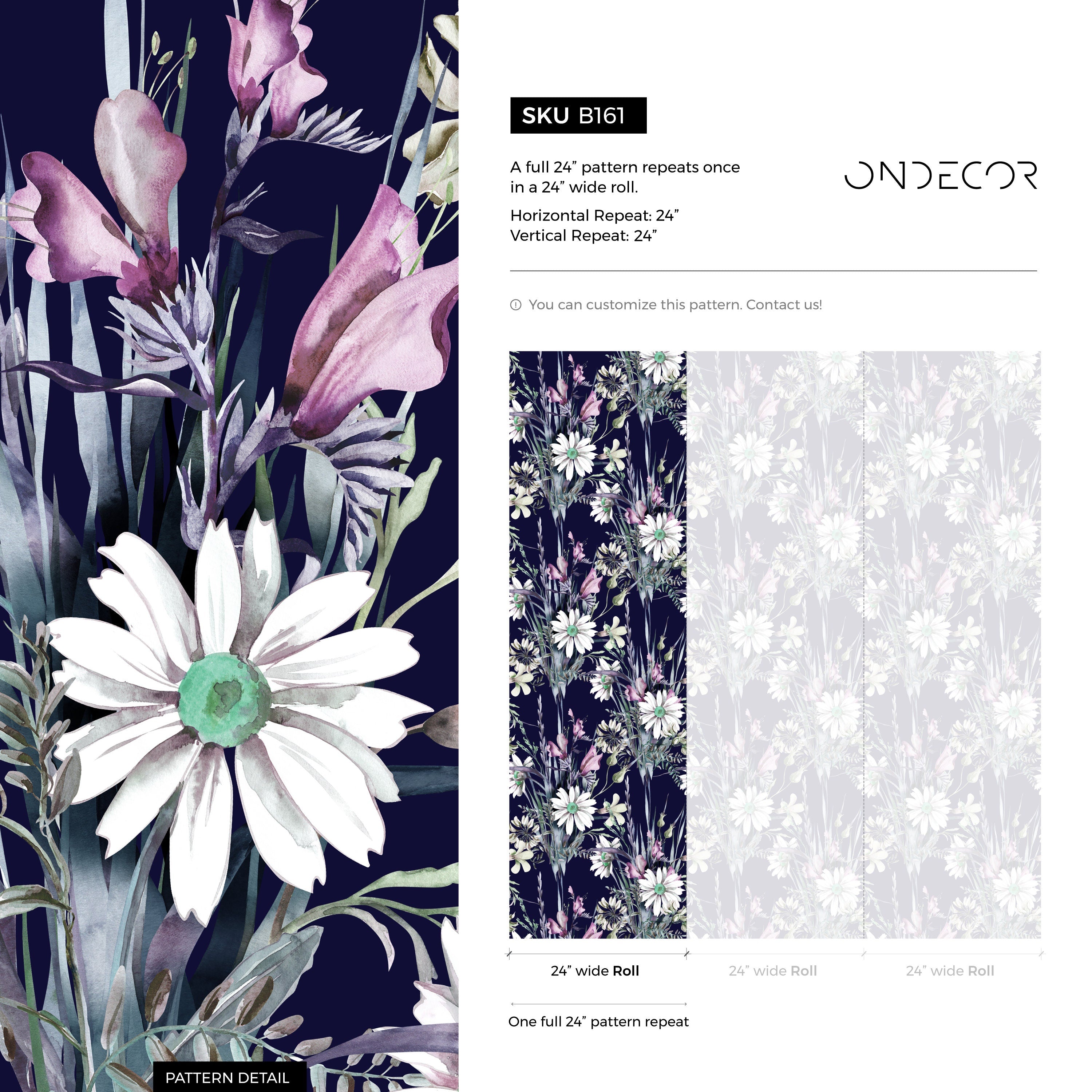 Floral Wallpaper With Watercolor Wildflowers In Navy Blue, Pink, And Green - B161