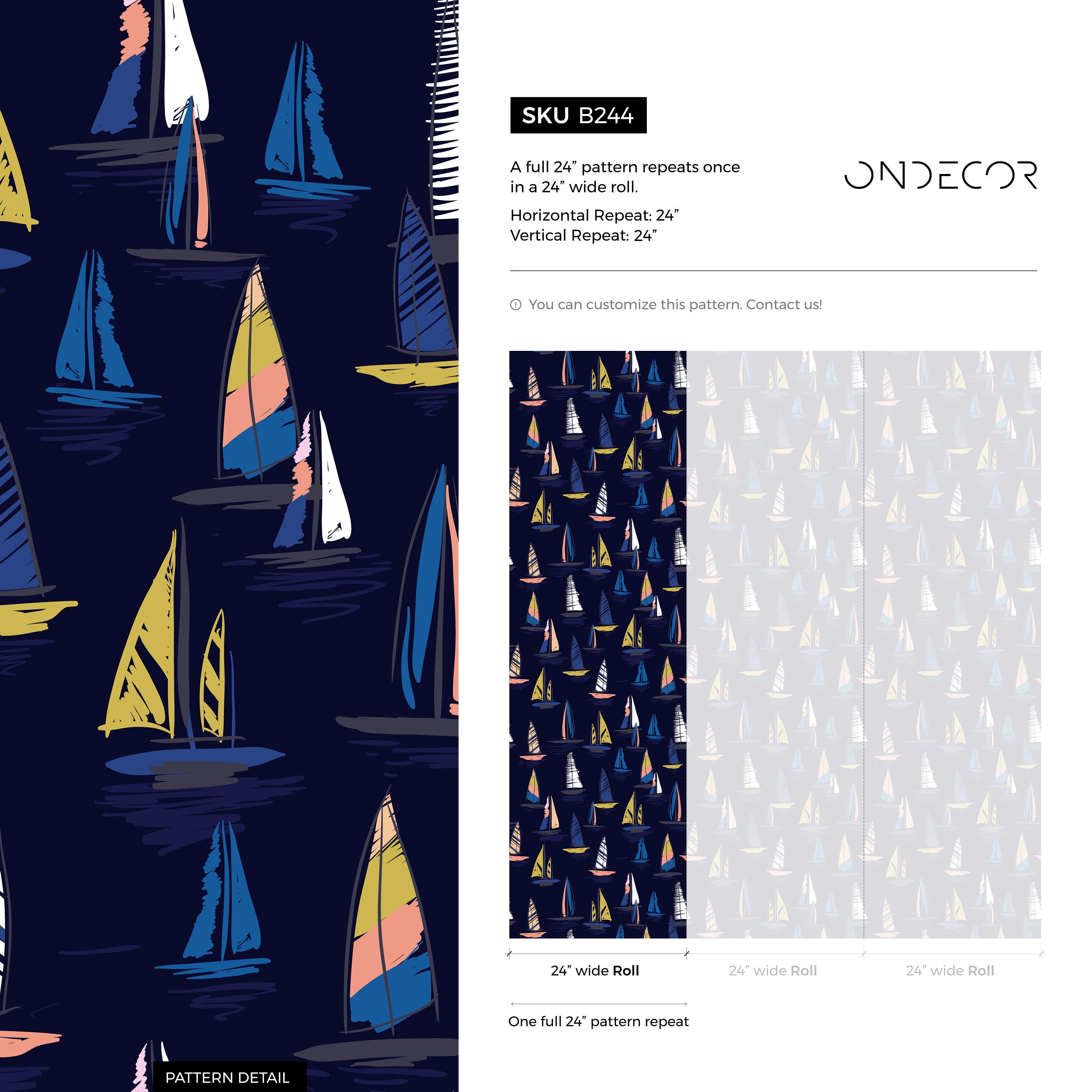 Nautical Wallpaper Featuring A Fleet Of Sailboats In Navy Blue, Yellow, And Pink - B244