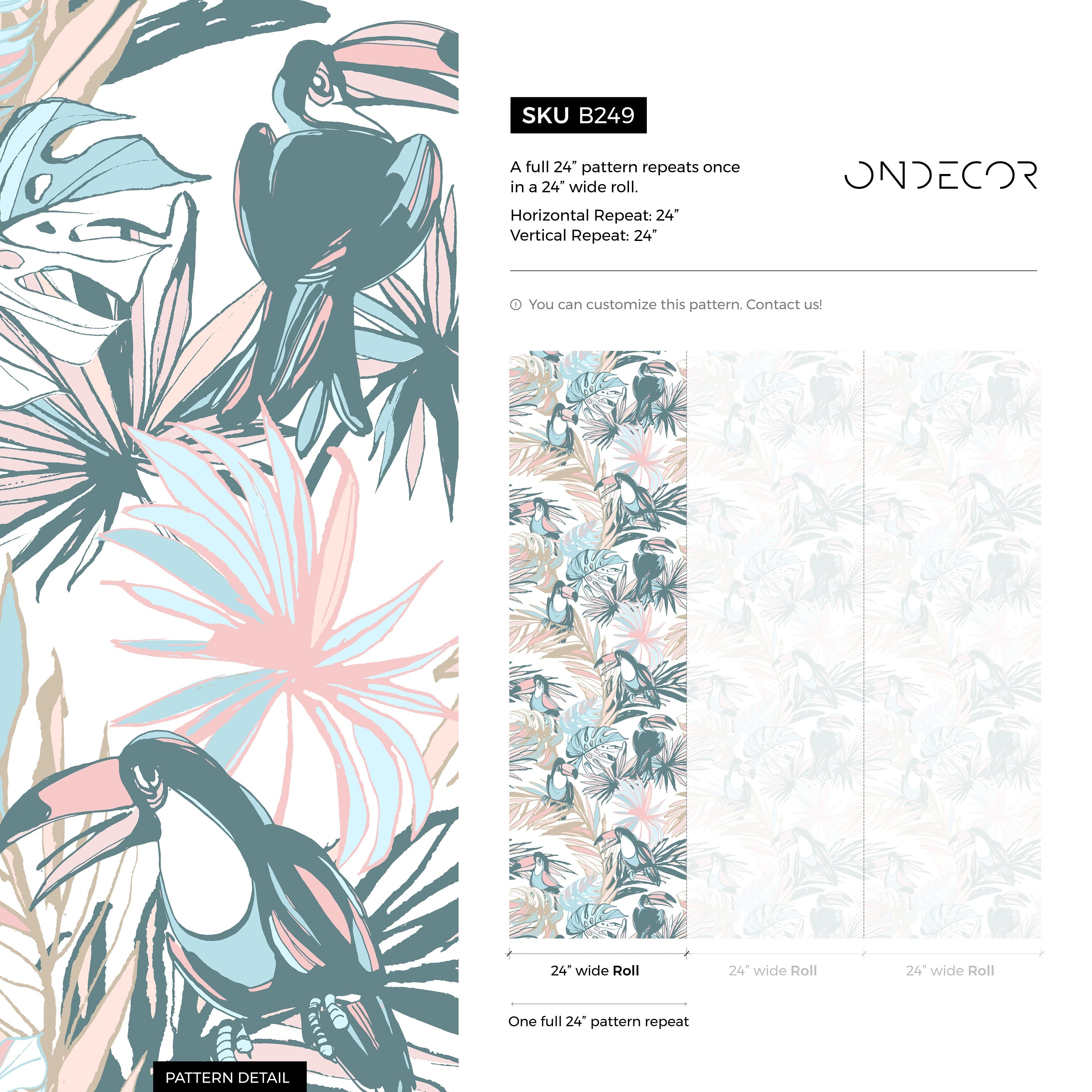 Tropical Wallpaper With Toucans And Palm Leaves In Teal, Pink, And Blue - B249