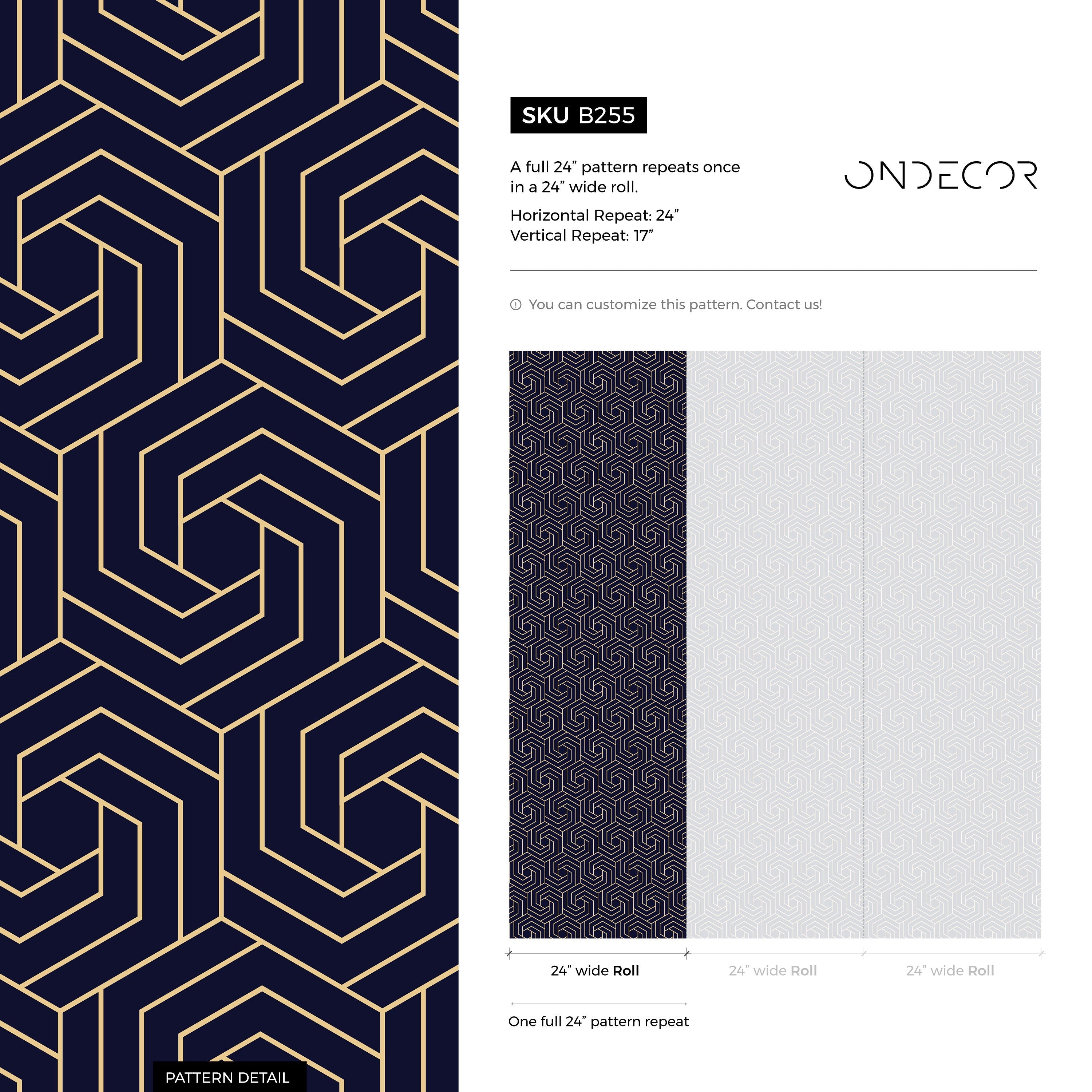 Art Deco Wallpaper With A Swirling Hexagonal Motif In Navy Blue And Gold - B255