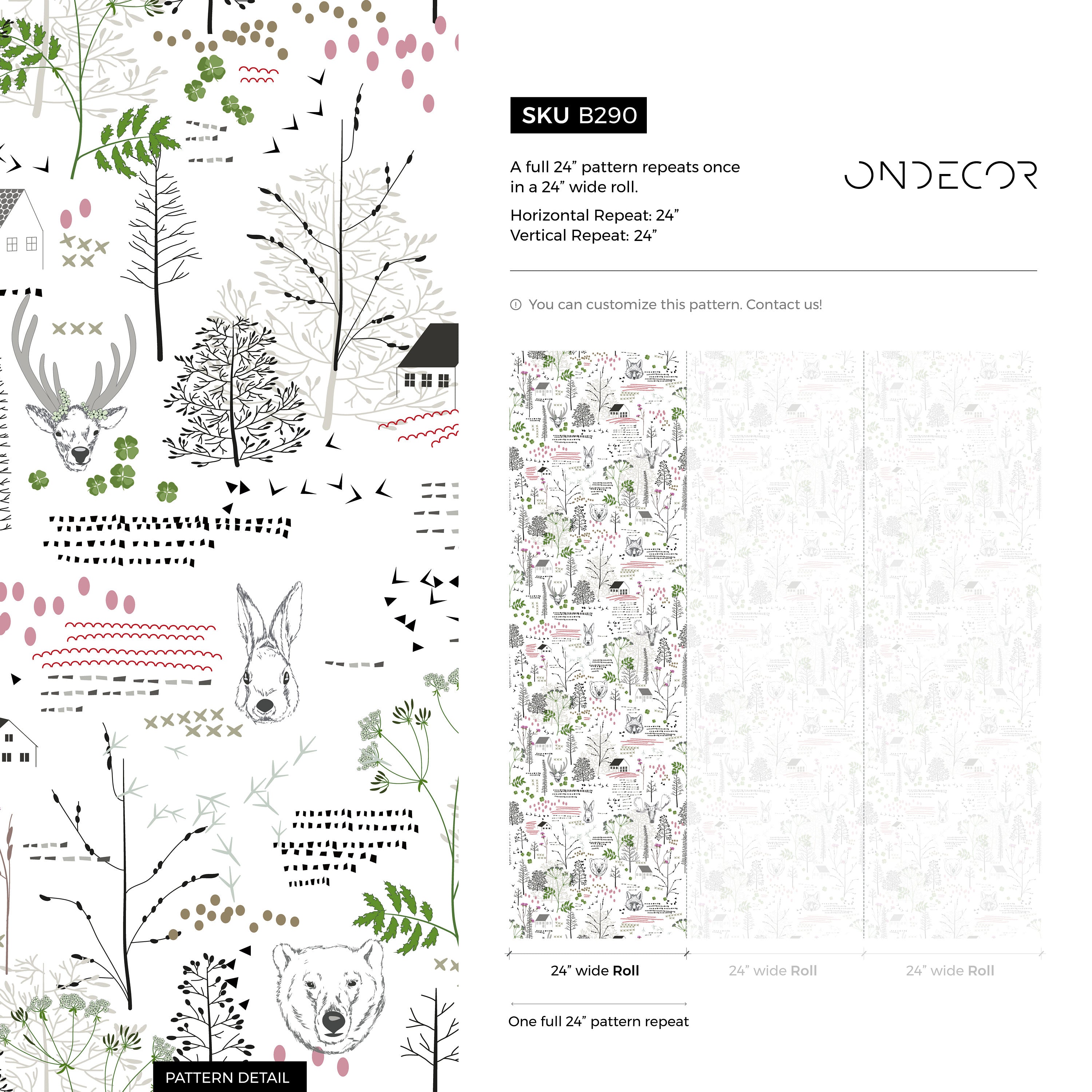 Woodland Wallpaper With Folk Art Forest Animals In Black, Green, And Pink - B290