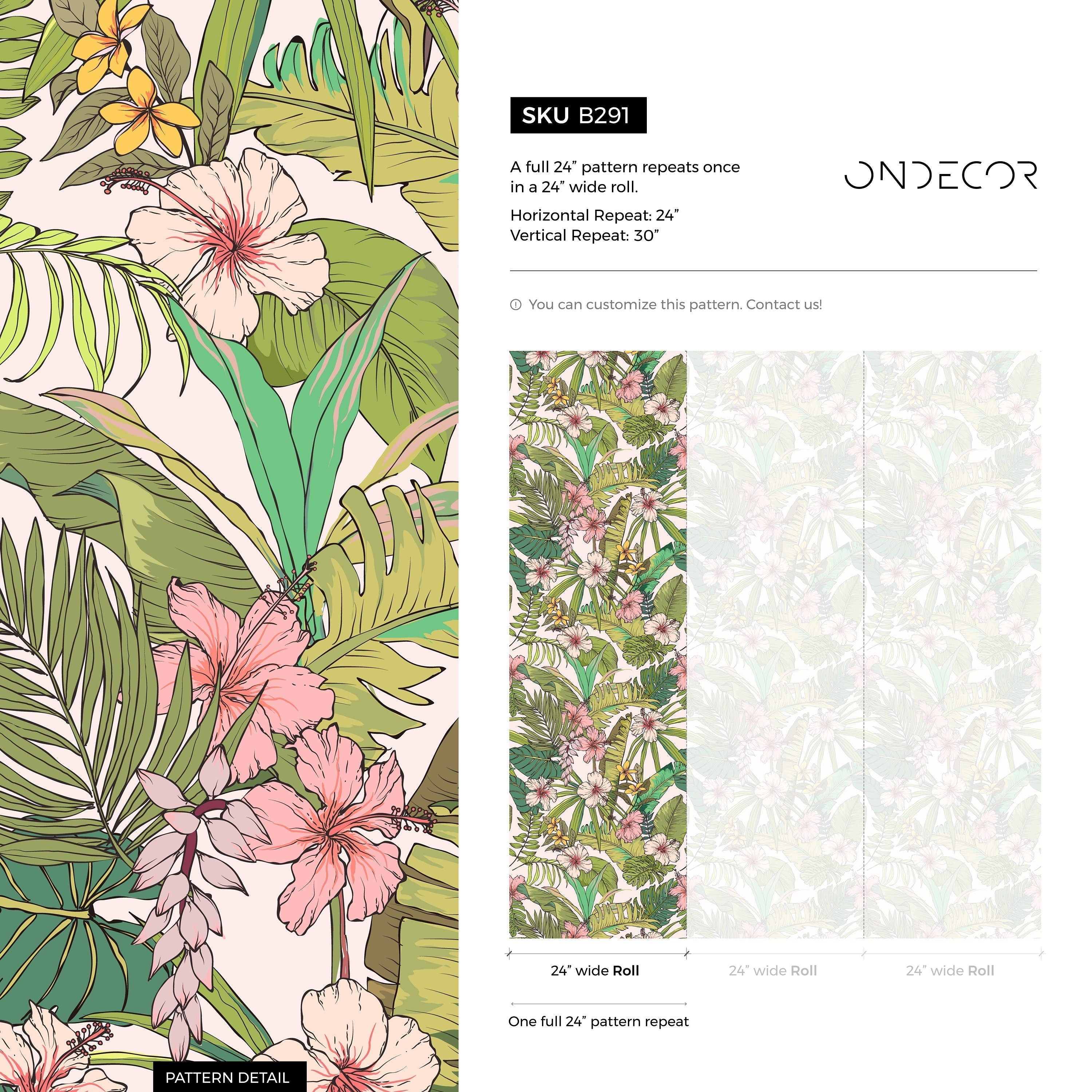 Tropical Wallpaper With Hibiscus And Palm Leaves In Pink, Green, And Yellow - B291
