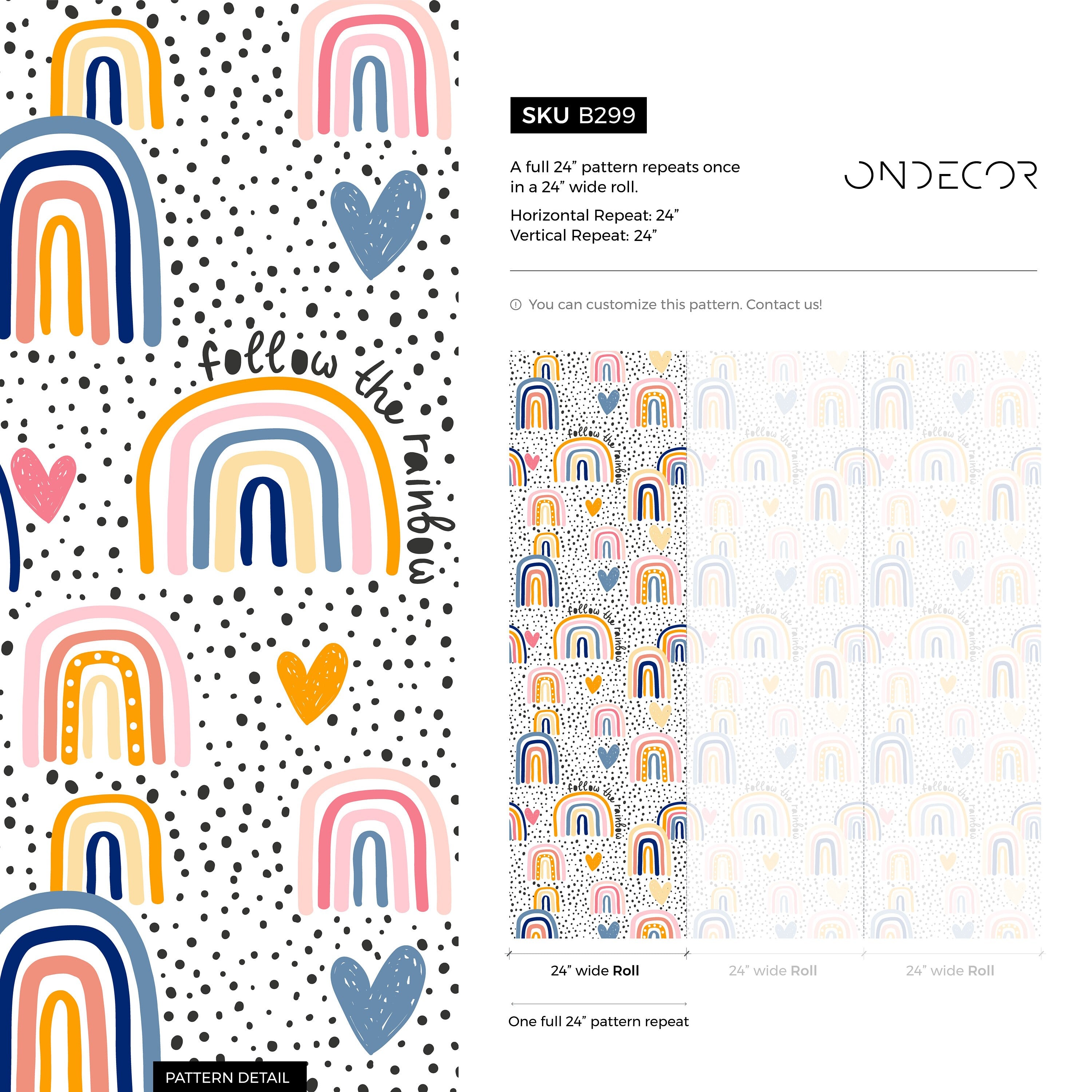 Kids Wallpaper With Hand-drawn Rainbows And Hearts In Pink, Blue, And Orange - B299