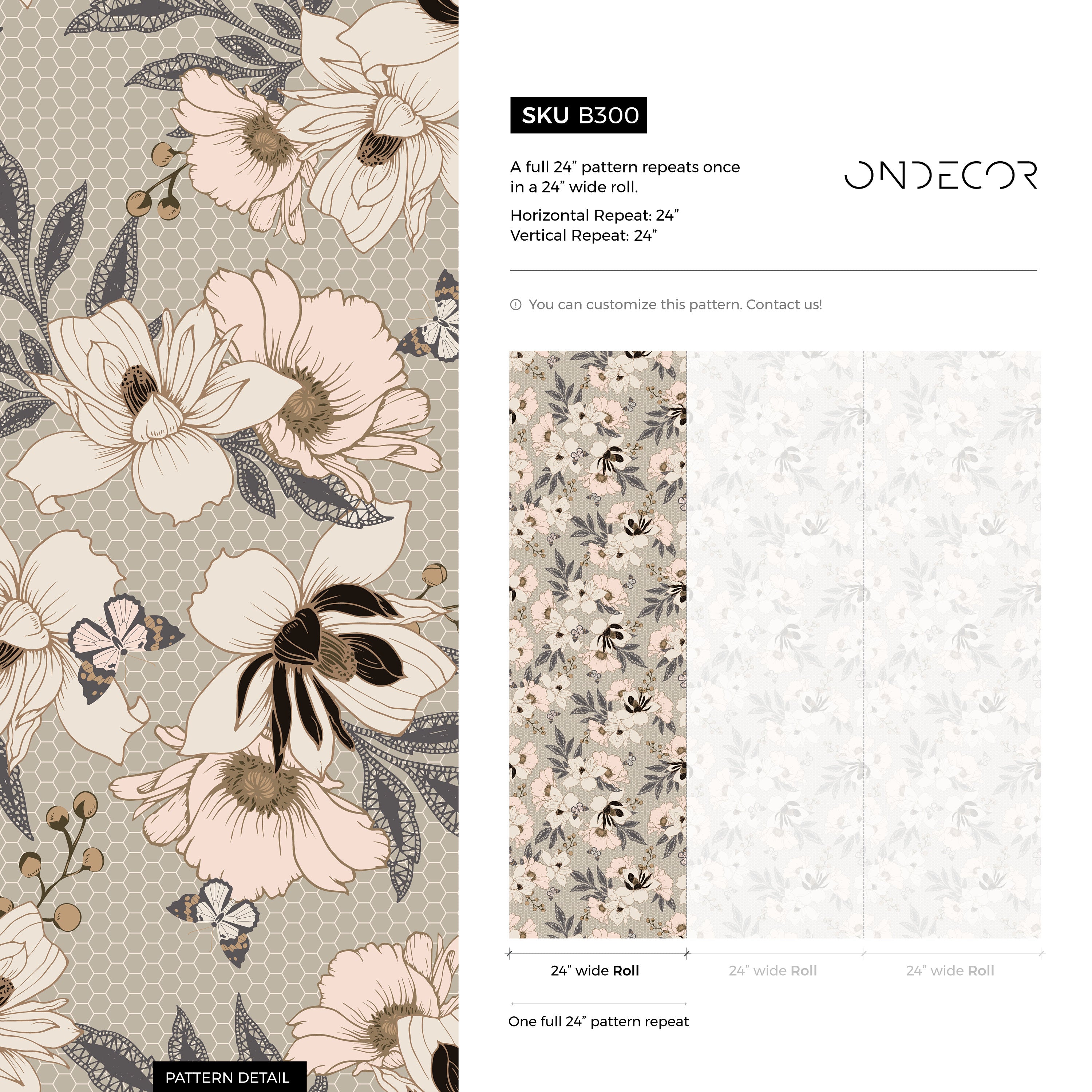 Floral Wallpaper With Vintage Anemones In Pink, Black, And Grey - B300