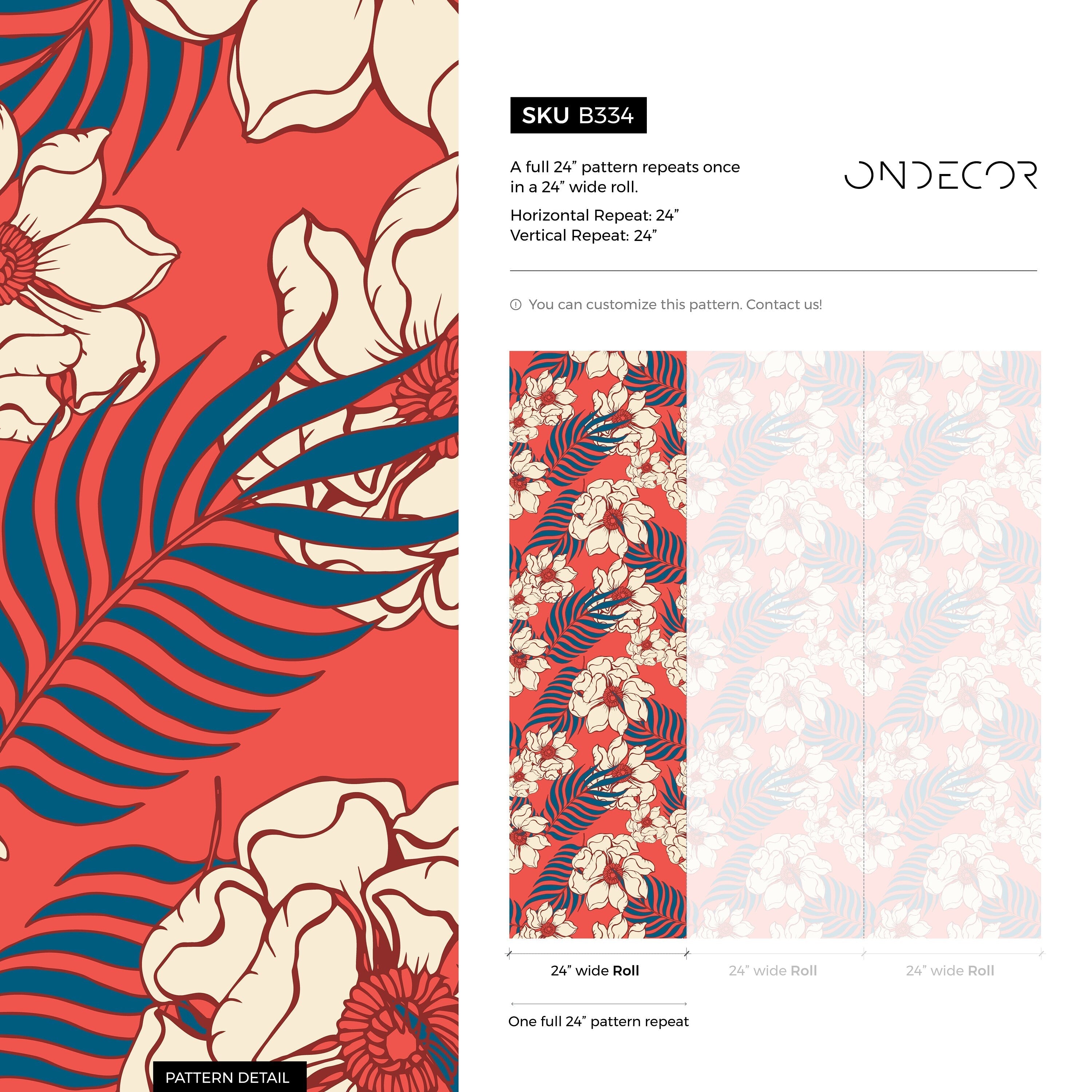 Tropical Wallpaper With Hawaiian Flowers And Palm Leaves In Red, Teal, And Beige - B334