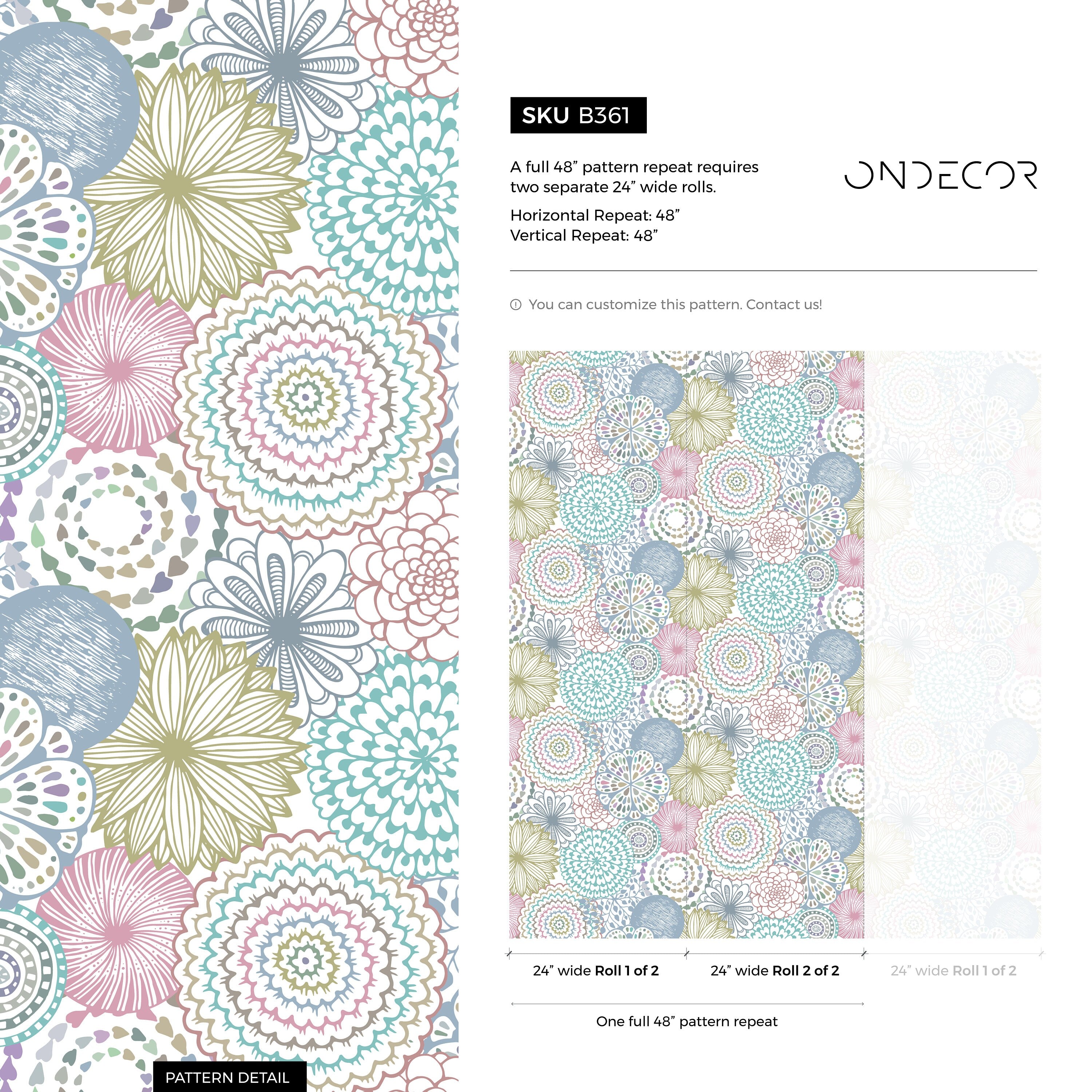 Floral Wallpaper With Doodle Style Mandalas In Teal, Pink, And Green - B361