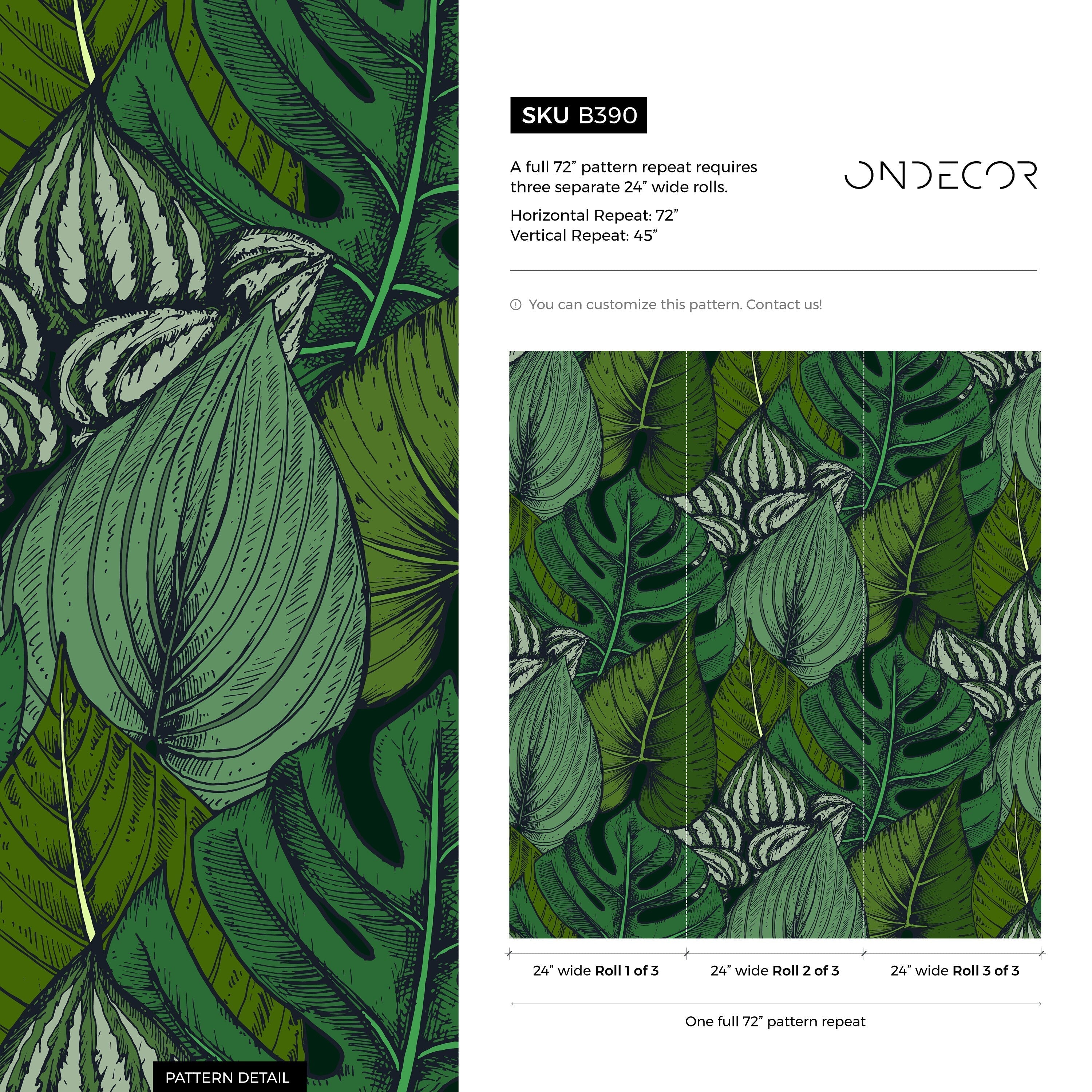 Botanical Wallpaper With A Lush Tropical Leaf Sketch In Green And Black - B390