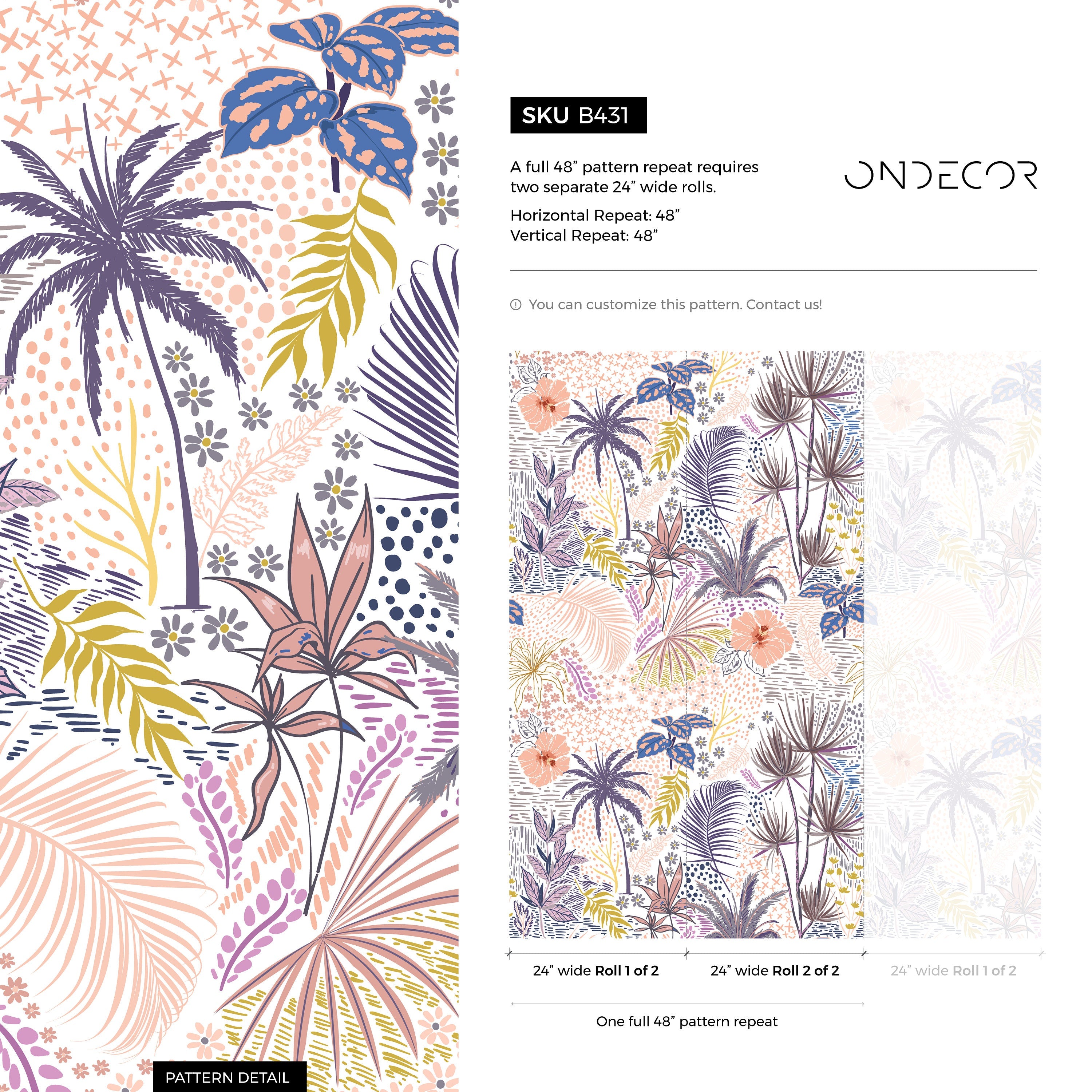 Tropical Wallpaper With Palm Leaves And Hibiscus In Pink, Purple, And Blue - B431