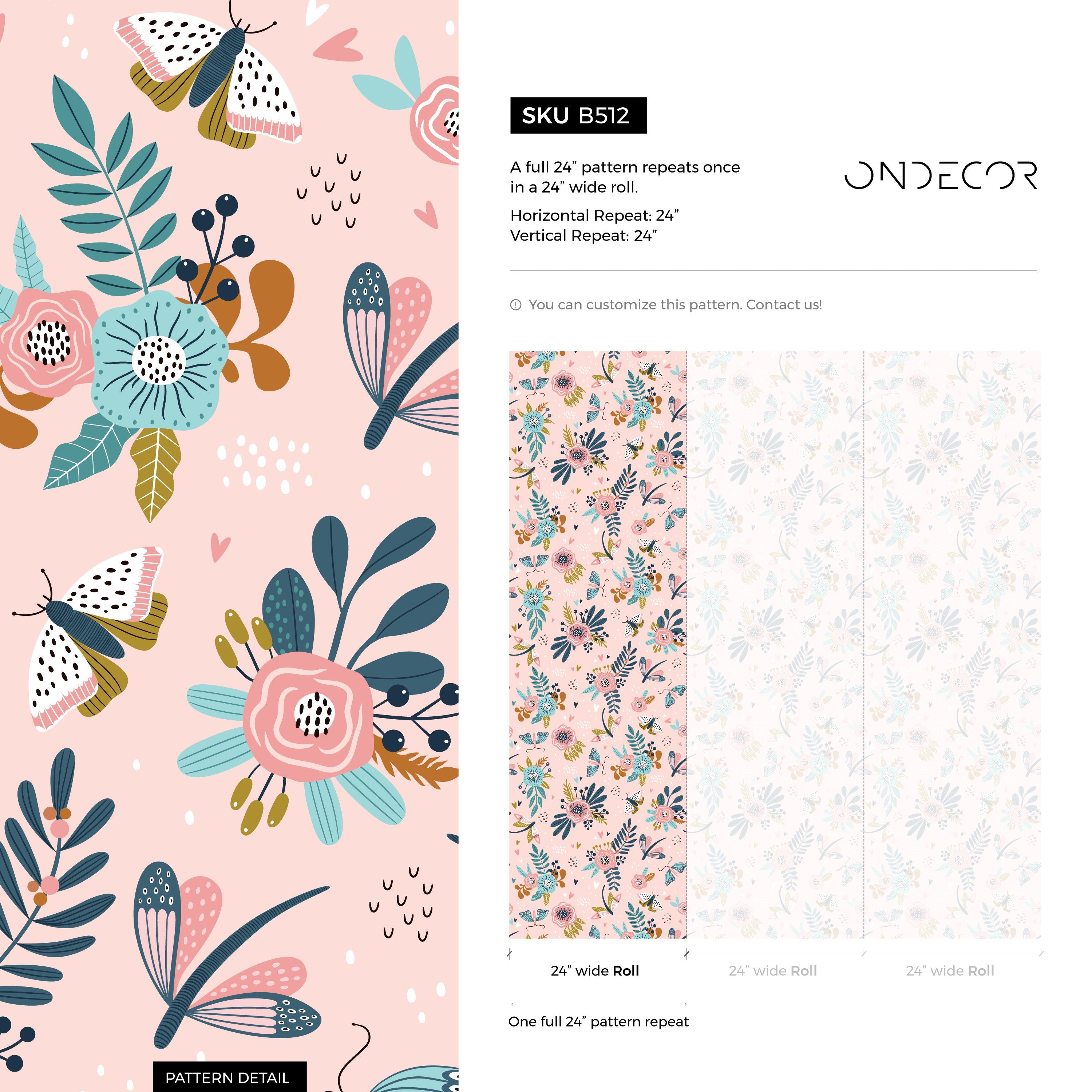 Floral Wallpaper With Butterflies And Dragonflies In Pink, Teal, And Gold - B512
