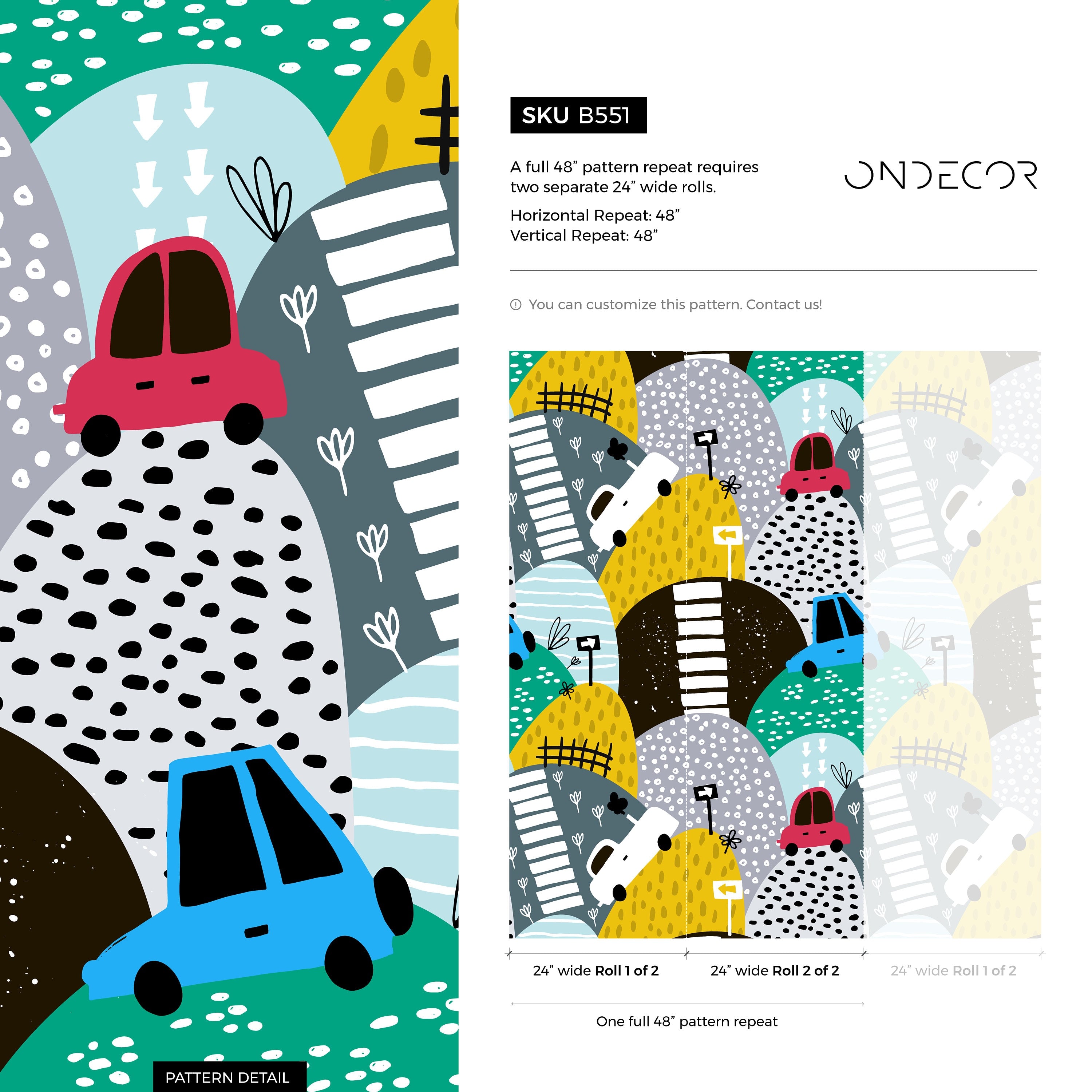 Nursery Wallpaper With Doodled Hills And Cars In Yellow, Blue, And Red - B551