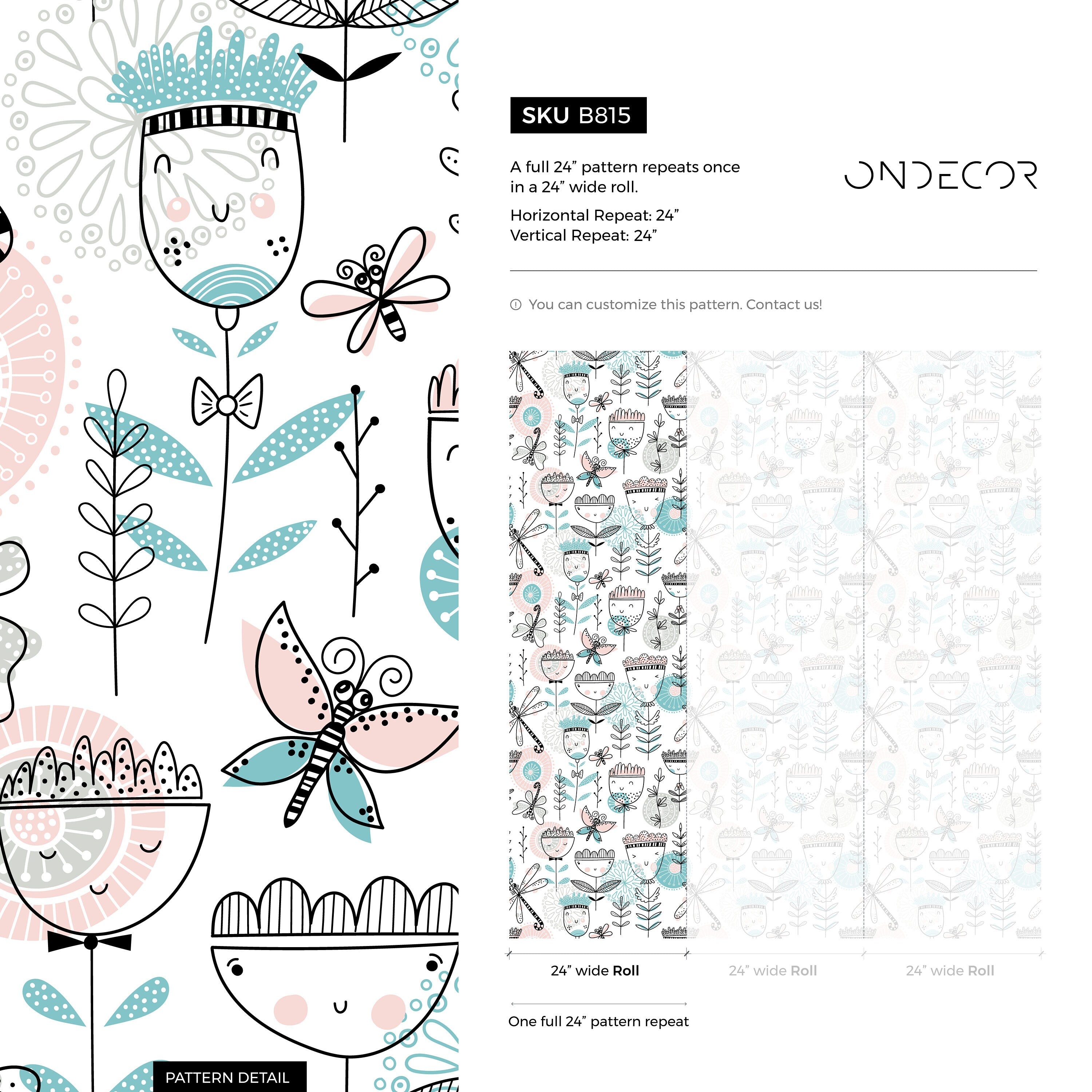 Kids Wallpaper With Whimsical Flowers And Dragonflies In Pink, Teal, And Black - B815