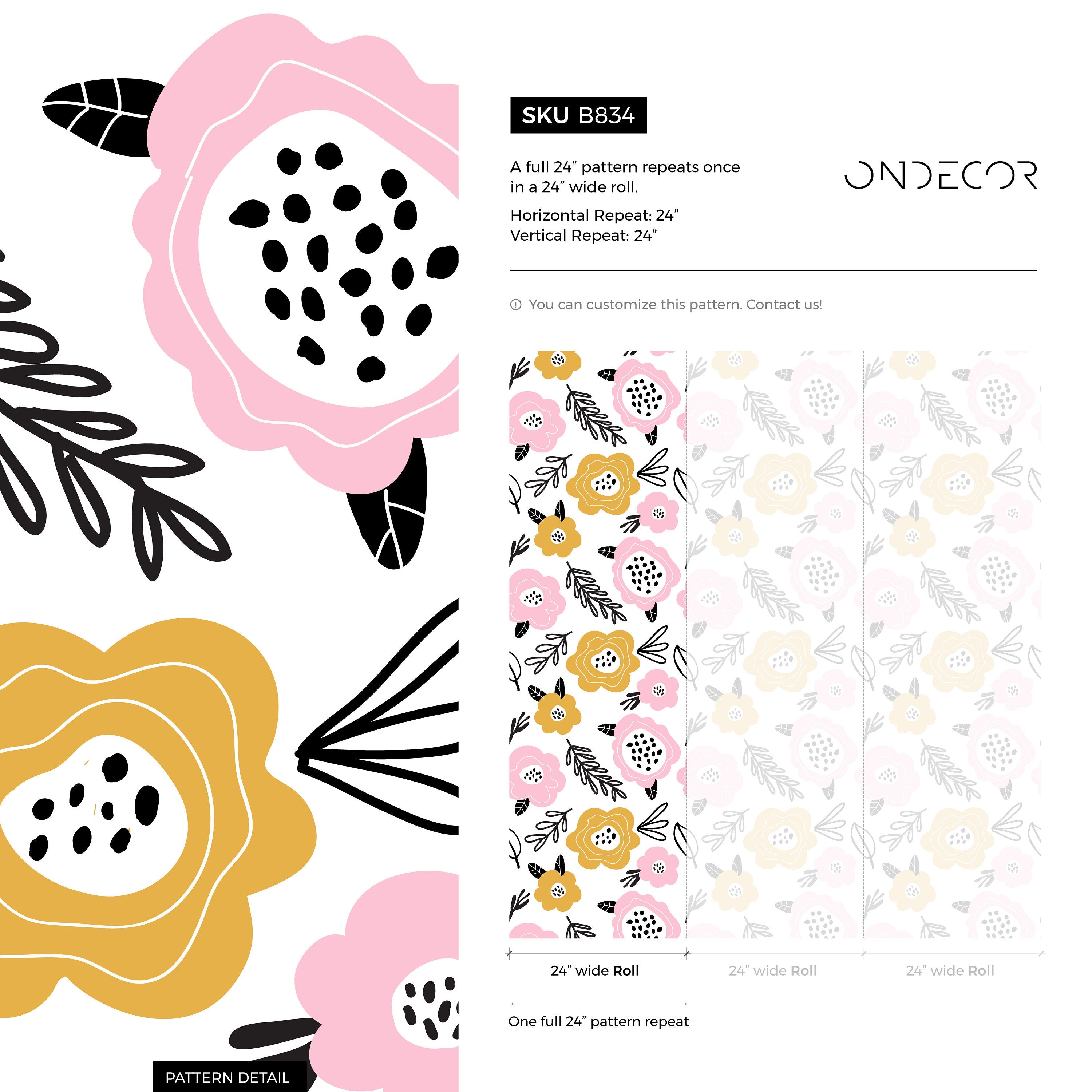 Floral Wallpaper Featuring Stylized Blooms In Pink, Yellow, And Black - B834