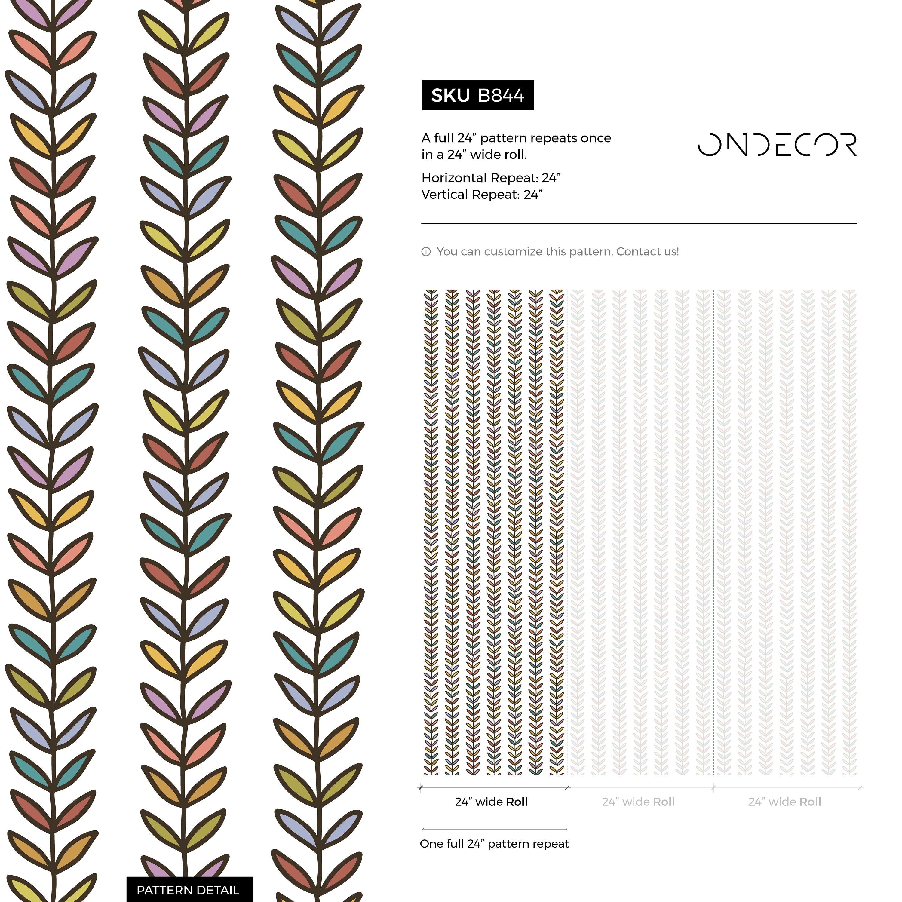 Botanical Wallpaper With A Stylized Vine Motif In Red, Yellow, And Teal - B844