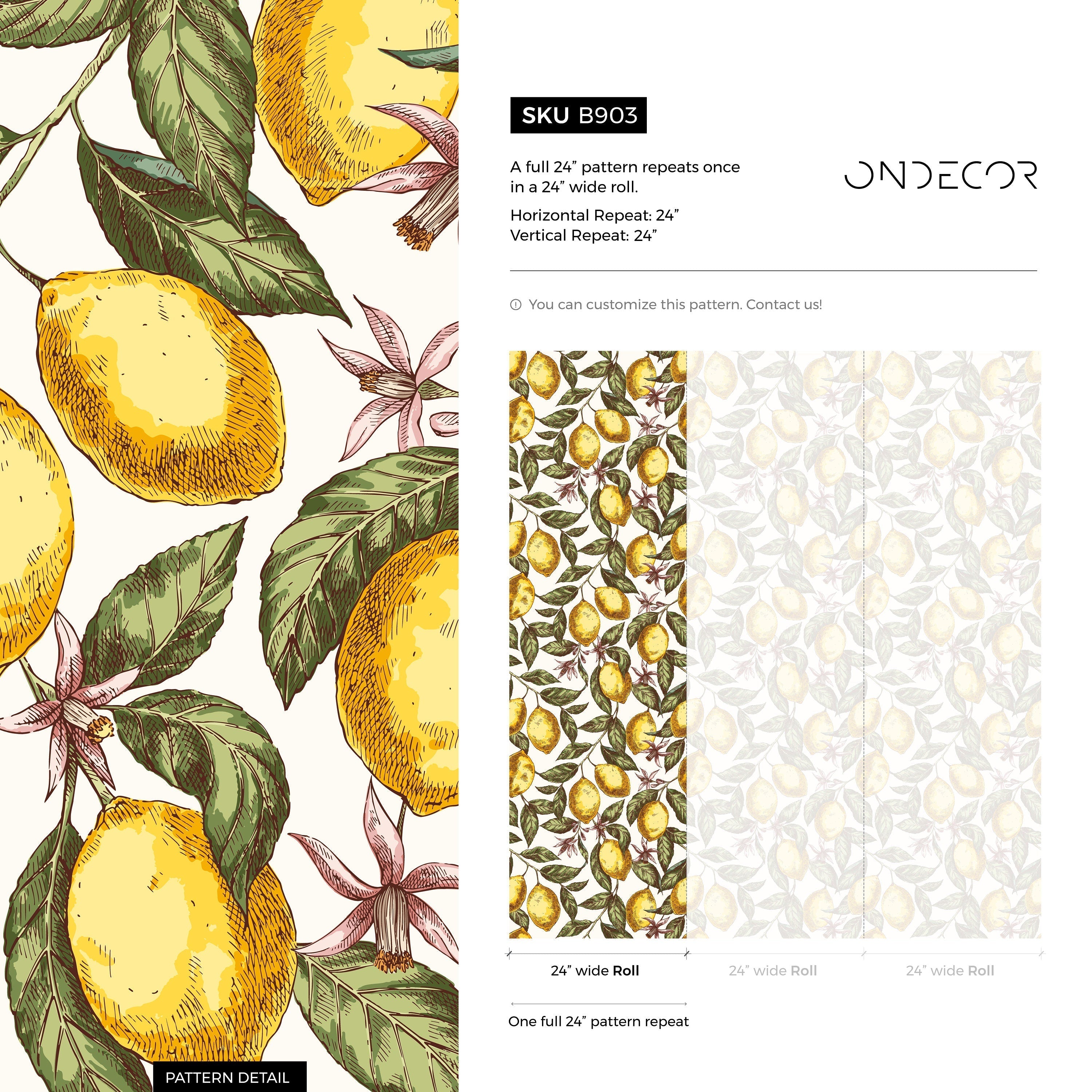 Botanical Wallpaper With A Vintage Lemon Motif In Yellow, Green, And Pink - B903