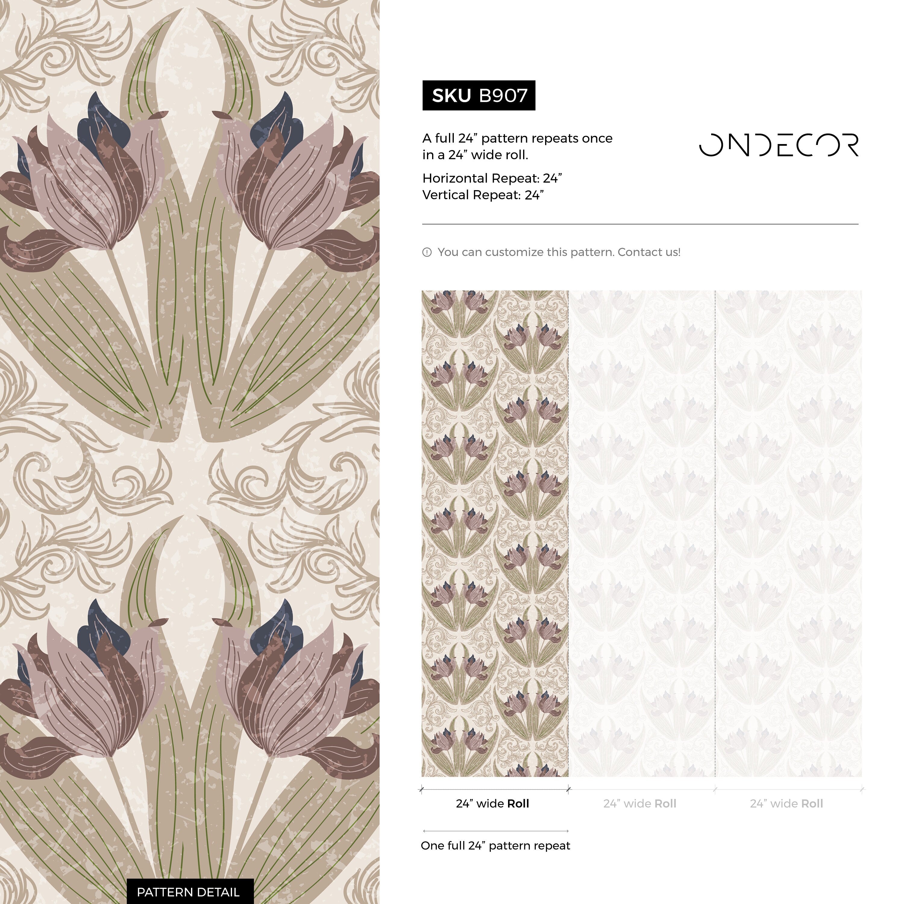 Art Nouveau Wallpaper With Stylized Tulips In Mauve, Sage, And Blue - B907