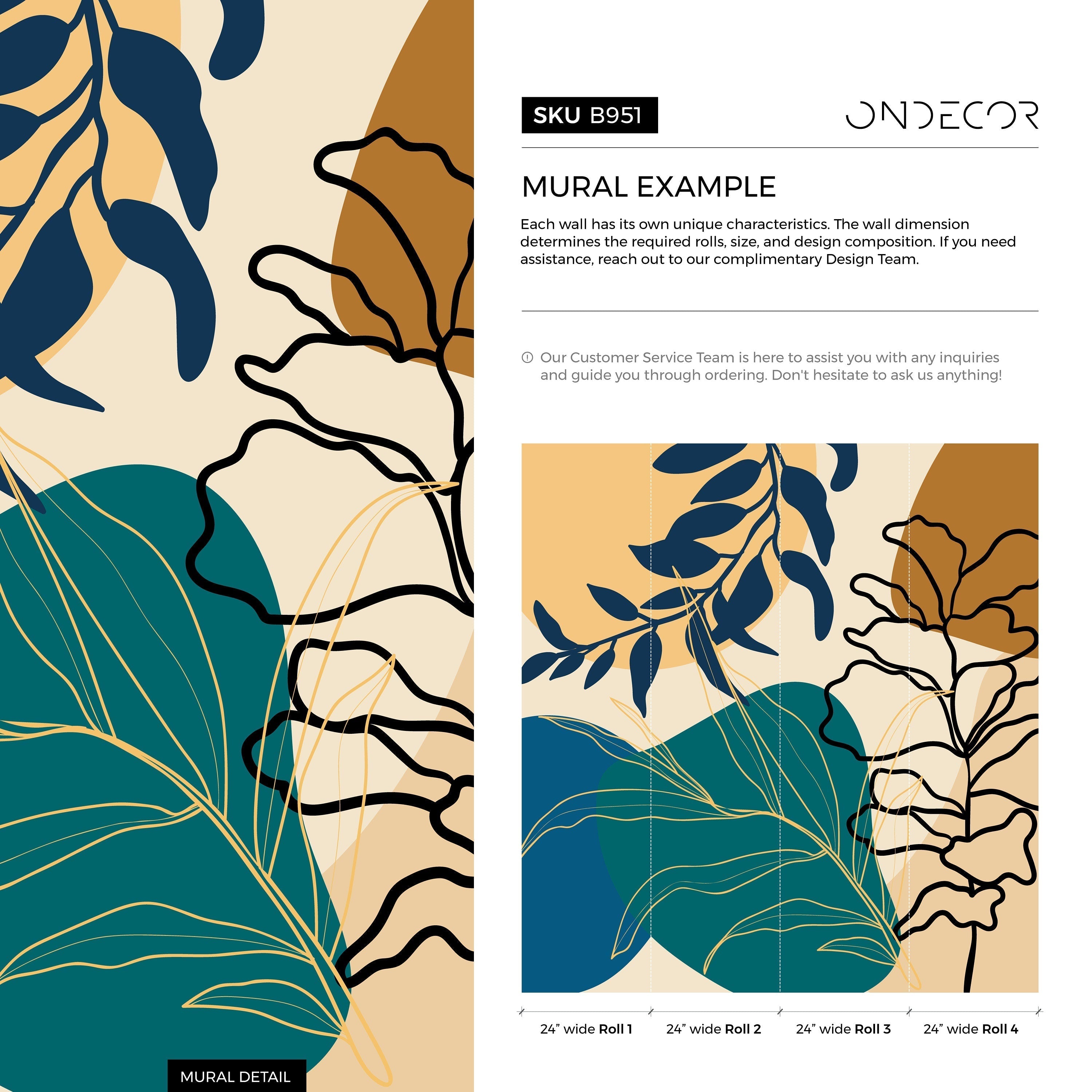 Botanical Wallpaper With Abstract Leaf Shapes In Blue, Teal, And Ochre - B951