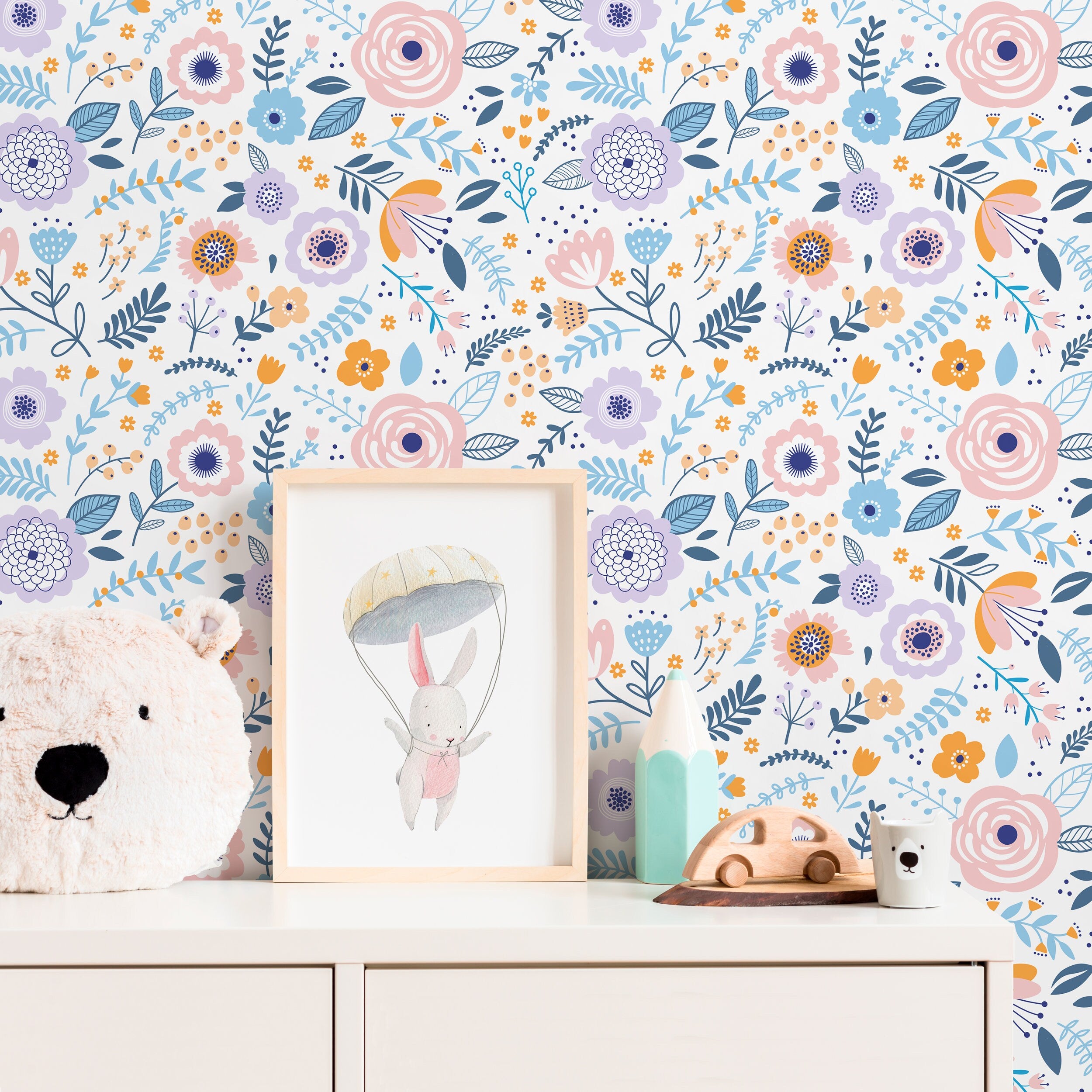Floral Wallpaper With Whimsical Wildflowers In Pink, Blue, And Orange - D933