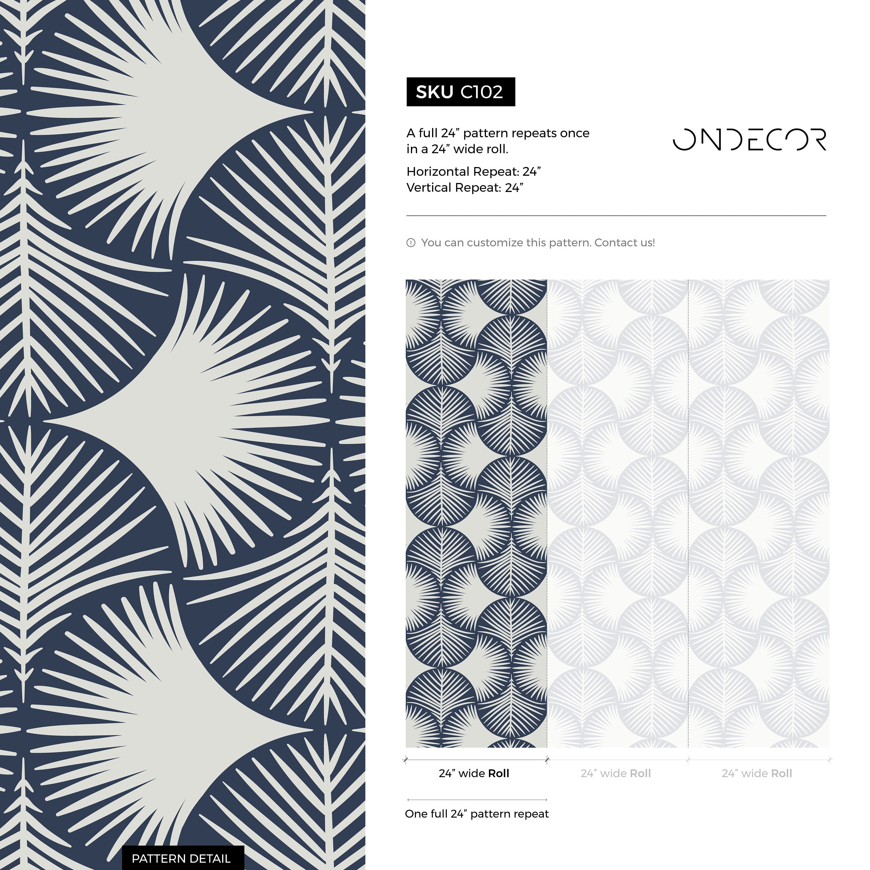 Art Deco Wallpaper With A Stylized Palm Leaf Motif In Navy Blue And Cream - C102