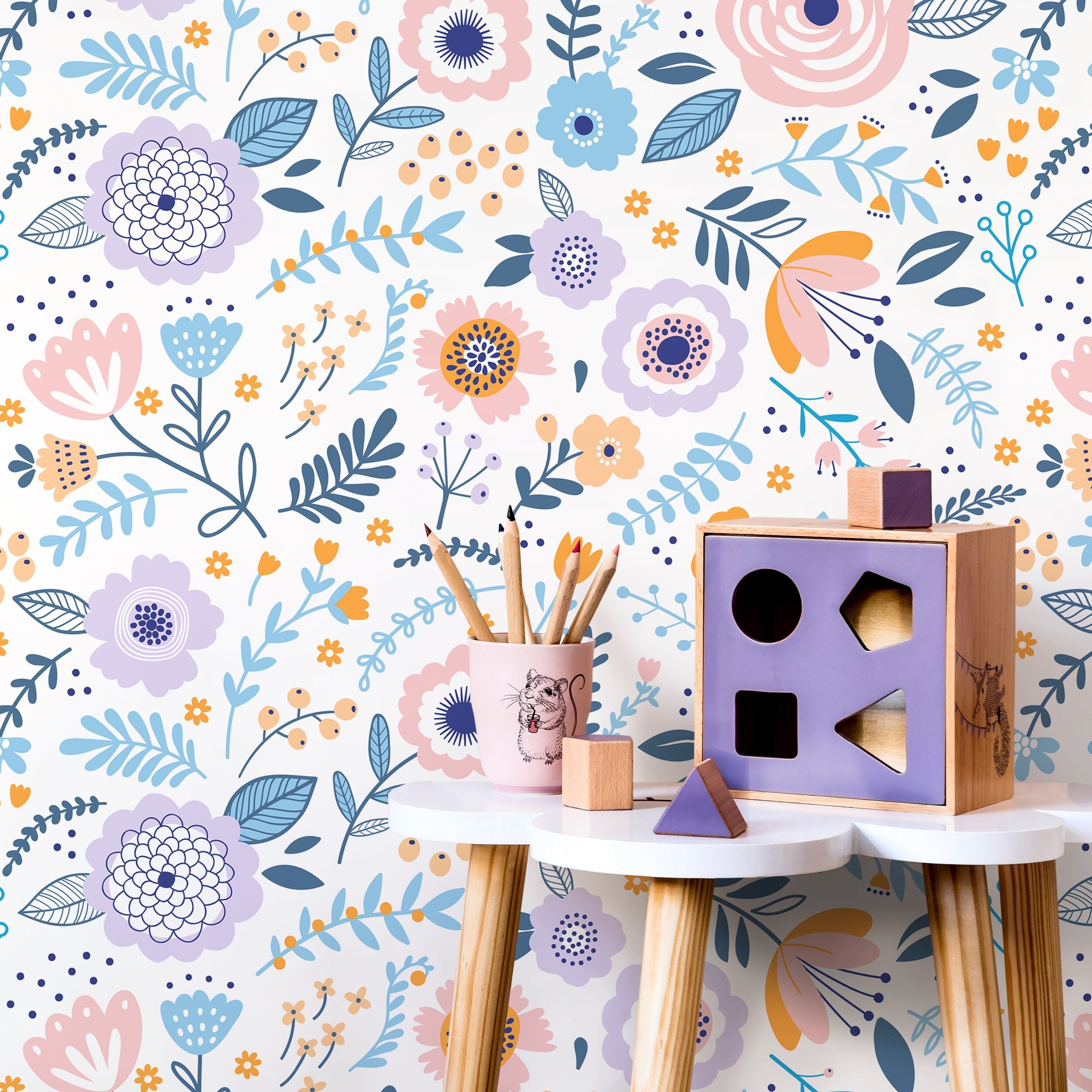 Floral Wallpaper With Whimsical Wildflowers In Pink, Blue, And Orange - D933