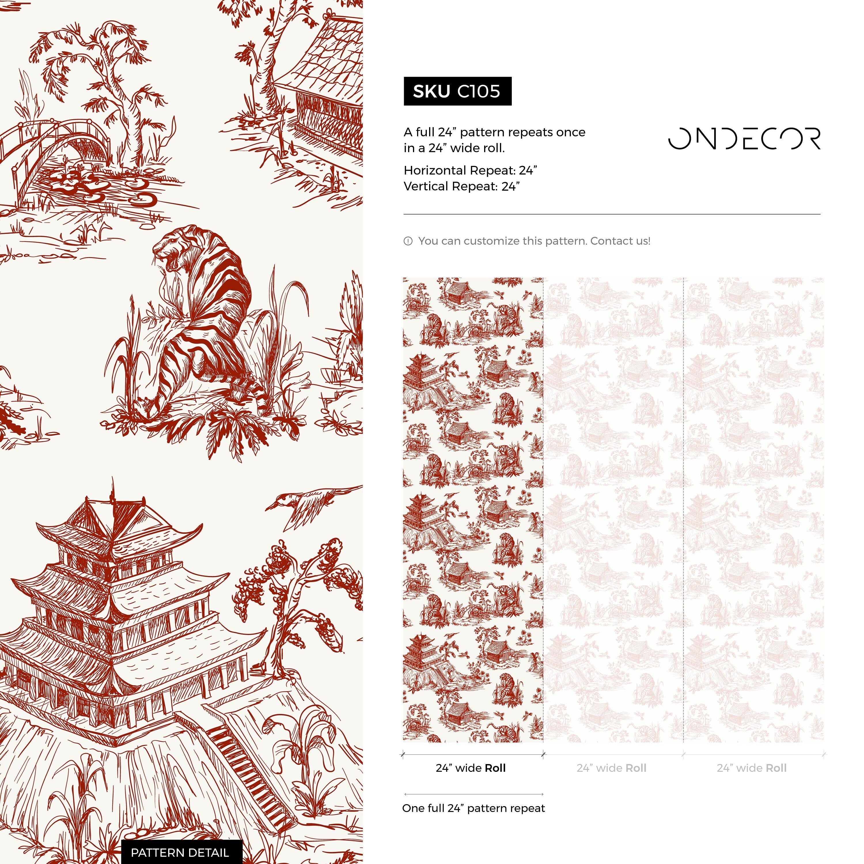 Chinoiserie Wallpaper With A Tiger And Pagoda Toile Motif In Red - C105