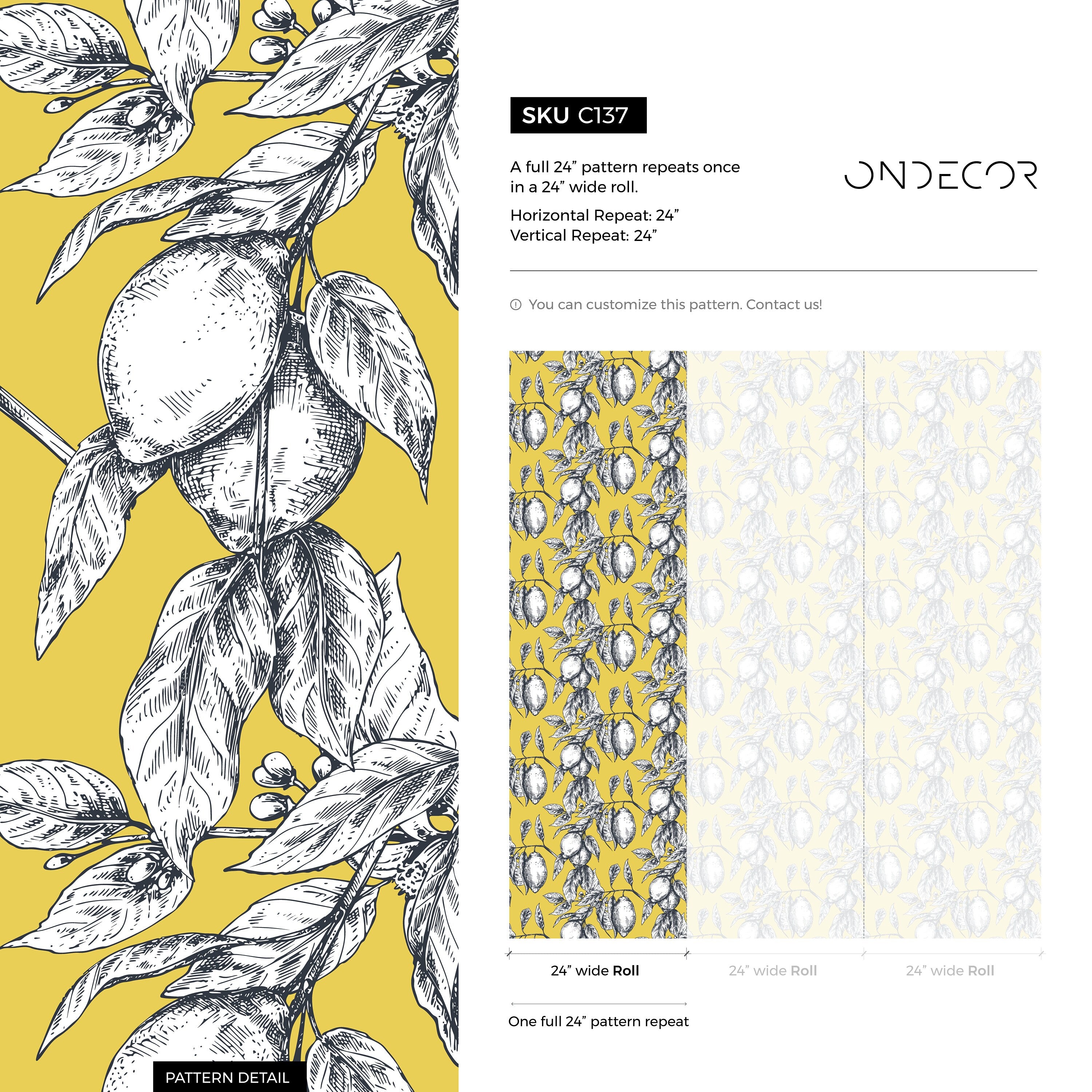 Botanical Wallpaper Featuring Sketched Lemon Branches In Yellow, Black, And White - C137
