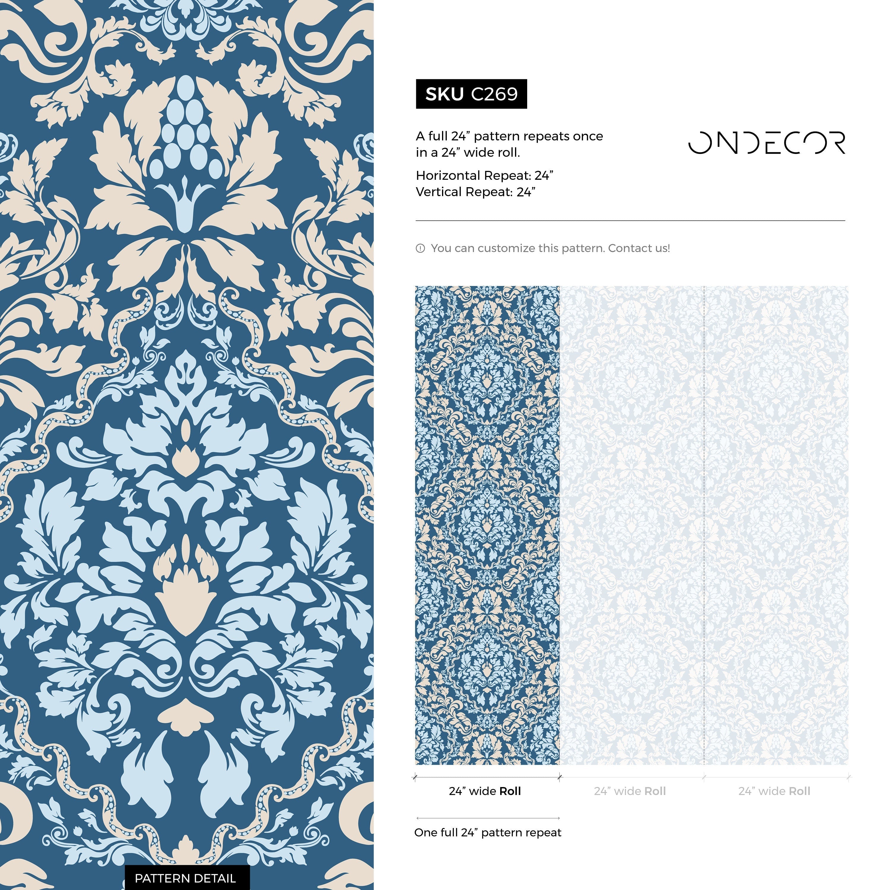 Damask Wallpaper With A Classic Ornate Motif In Blue, Beige, And Light Blue - C269