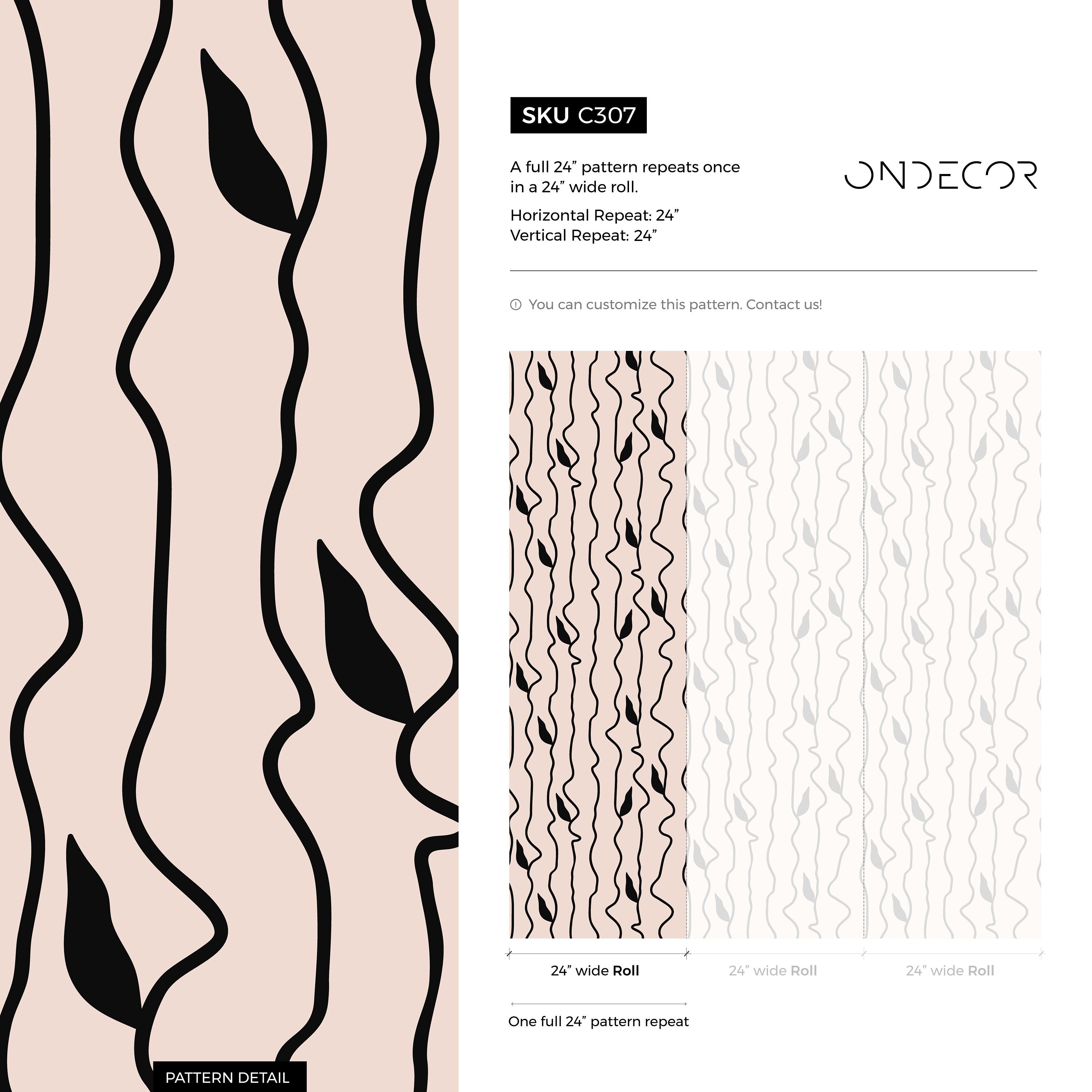Abstract Wallpaper With Wavy Lines And Leaves In Black And Pink - C307