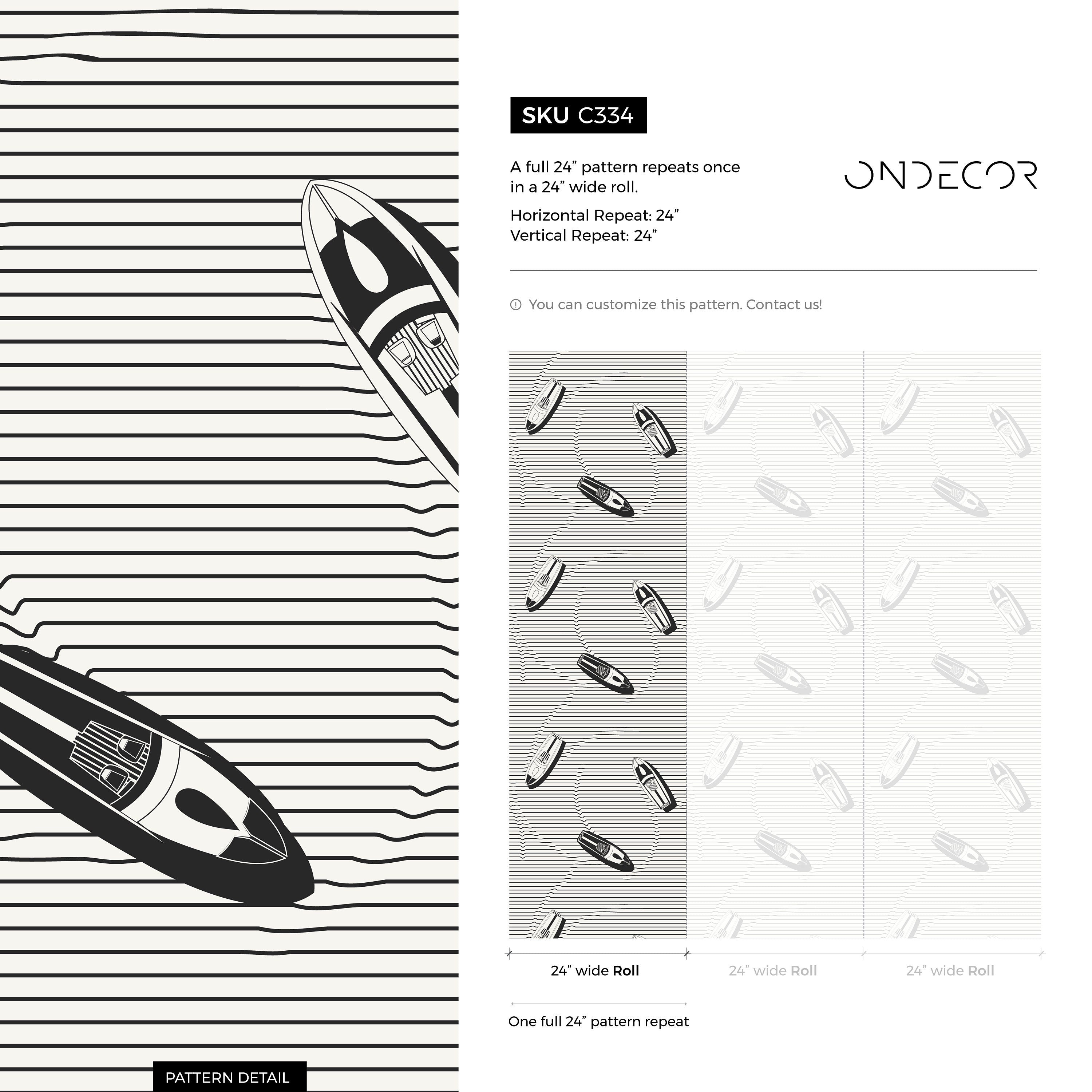 Nautical Wallpaper With Speedboats And Wavy Lines In Black And White - C334