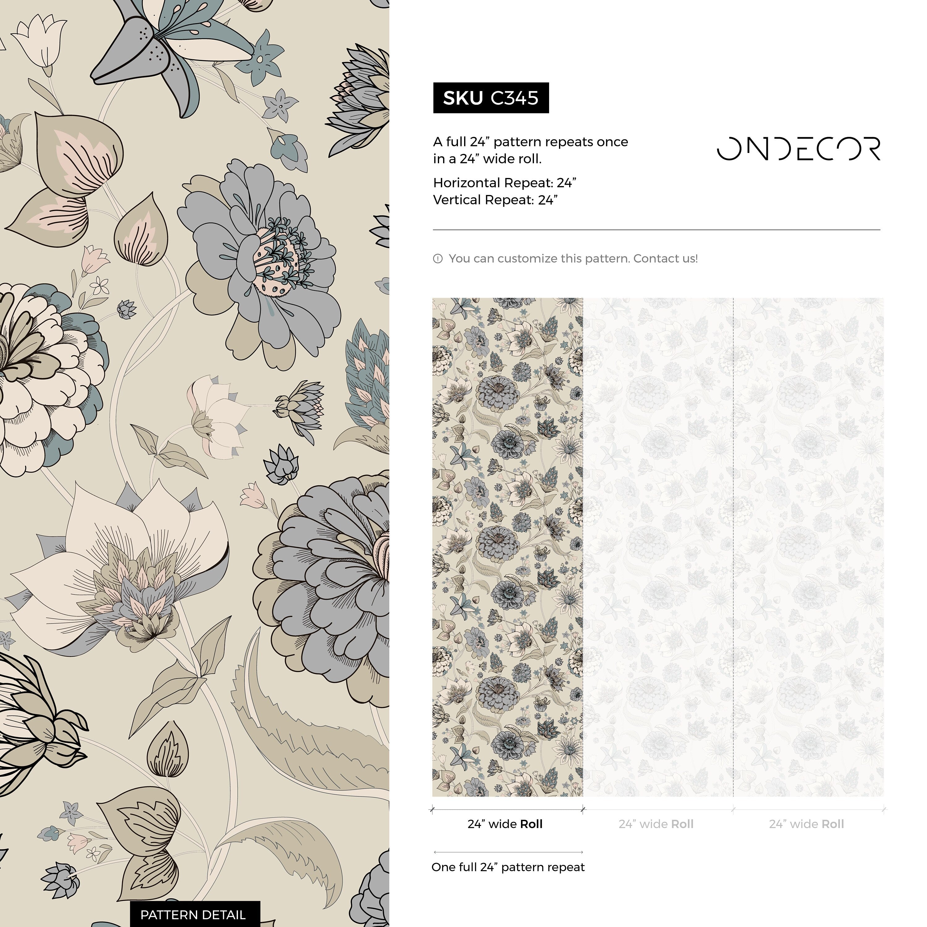Floral Wallpaper With A Vintage Botanical Motif In Blue, Beige, And Cream - C345