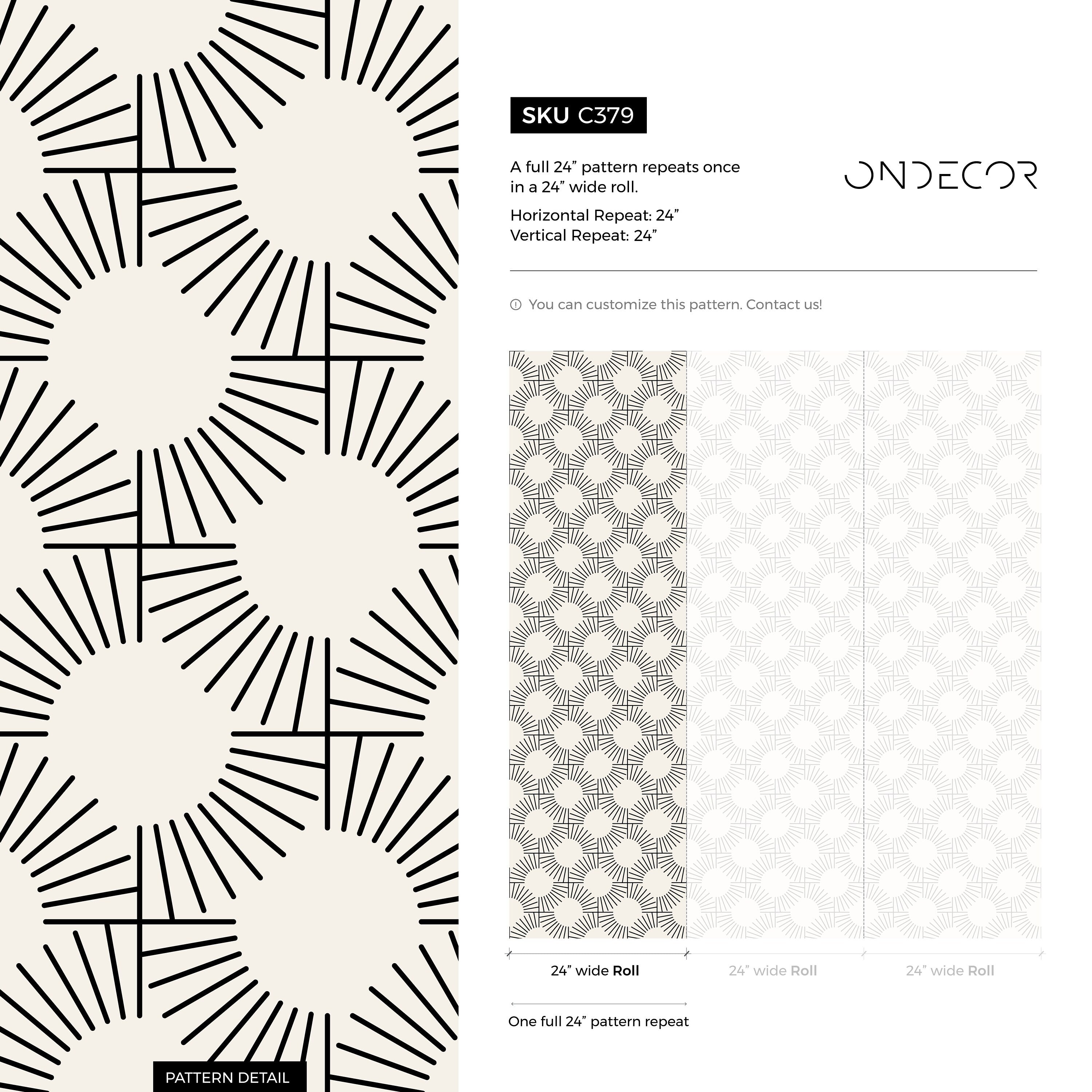 Geometric Wallpaper With A Radiating Sunburst Motif In Black And Light Beige - C379