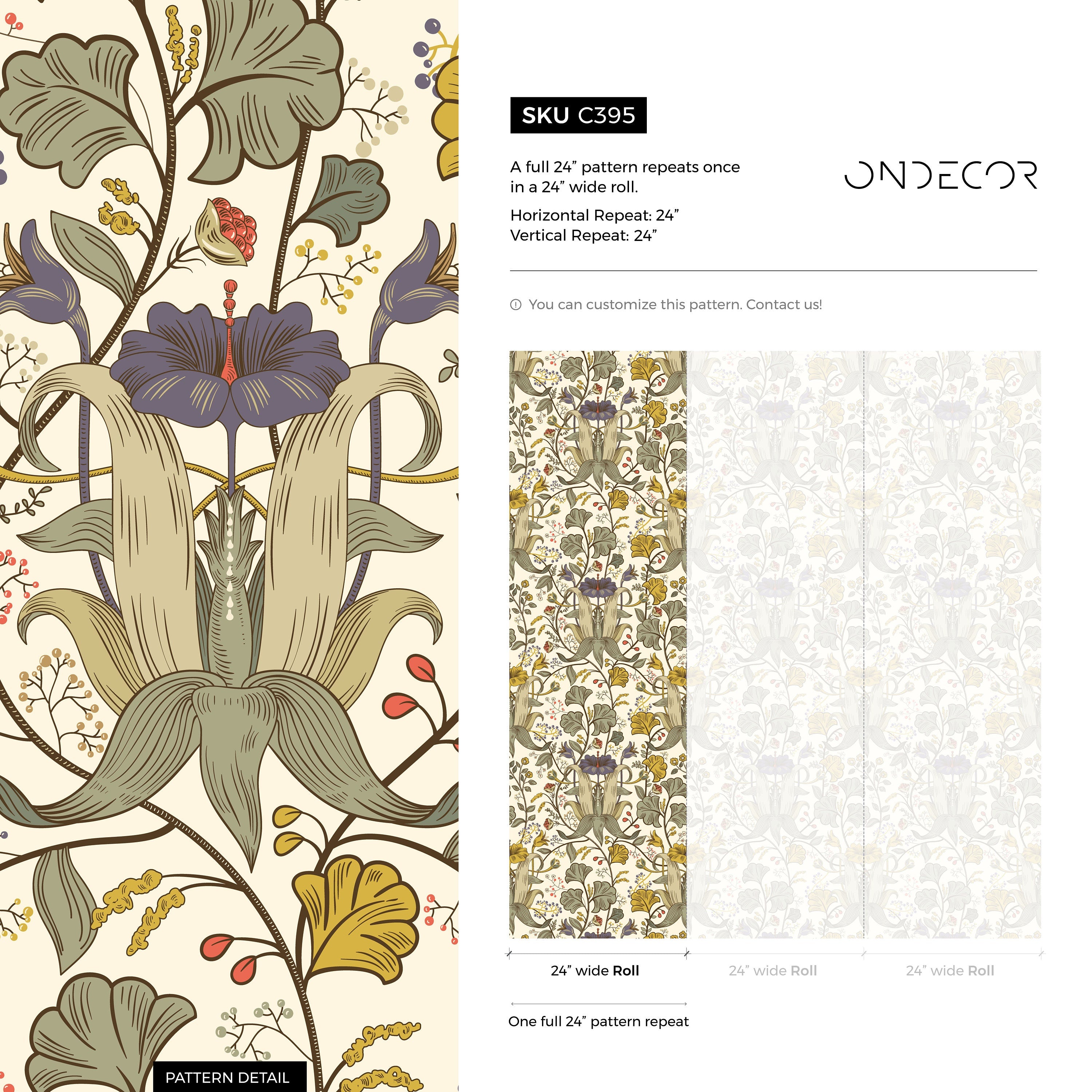 Art Nouveau Wallpaper With Stylized Lilies In Green, Yellow, And Purple - C395