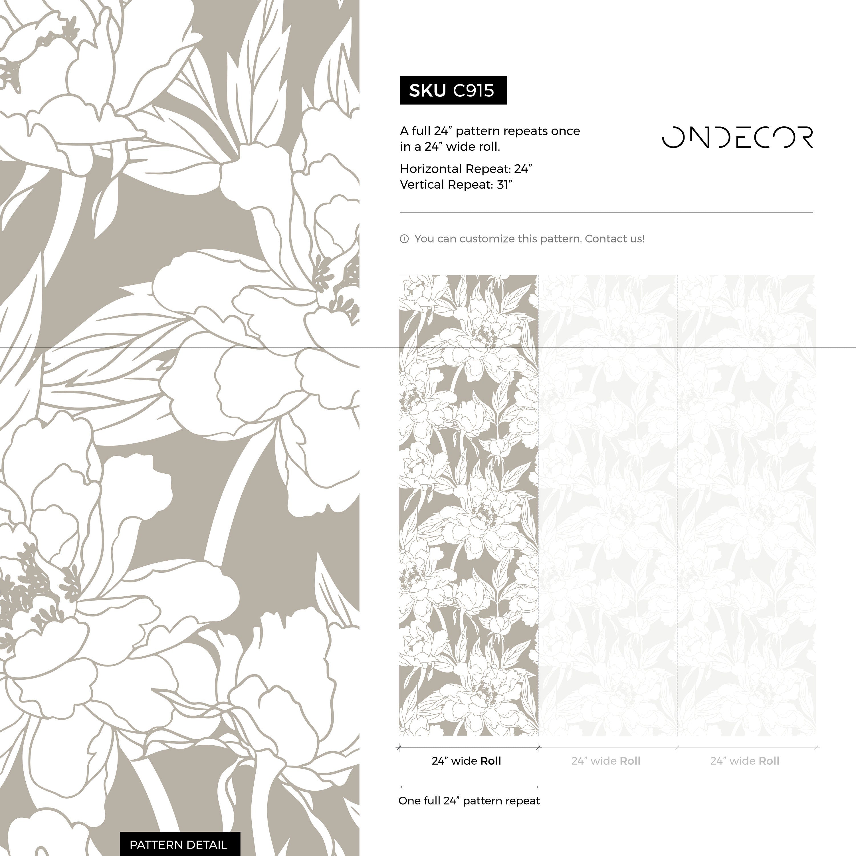 Floral Wallpaper Featuring Peony Line Art In Taupe And White - C915