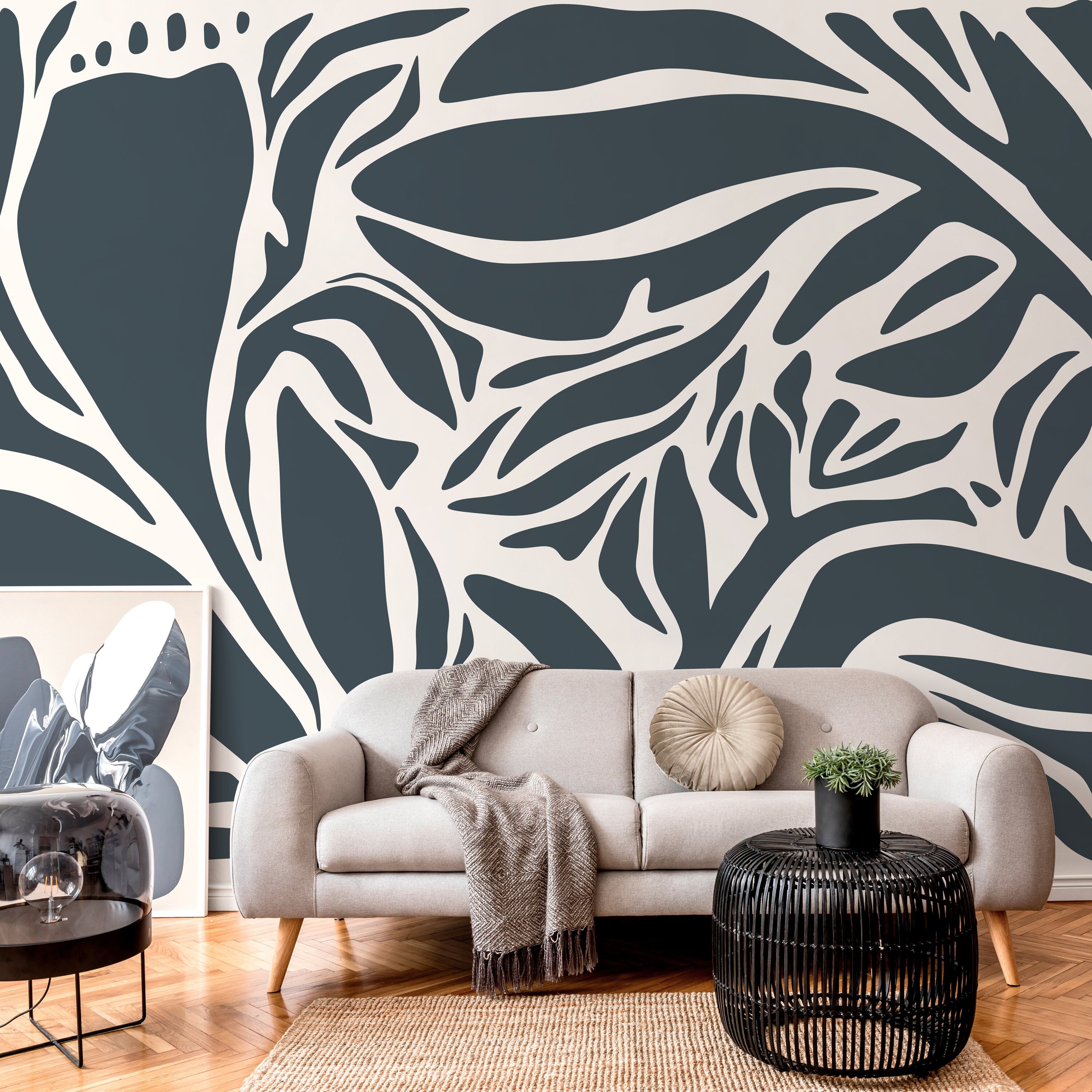 Abstract Wallpaper With Bold Organic Shapes In Dark Grey And Off-white - D631