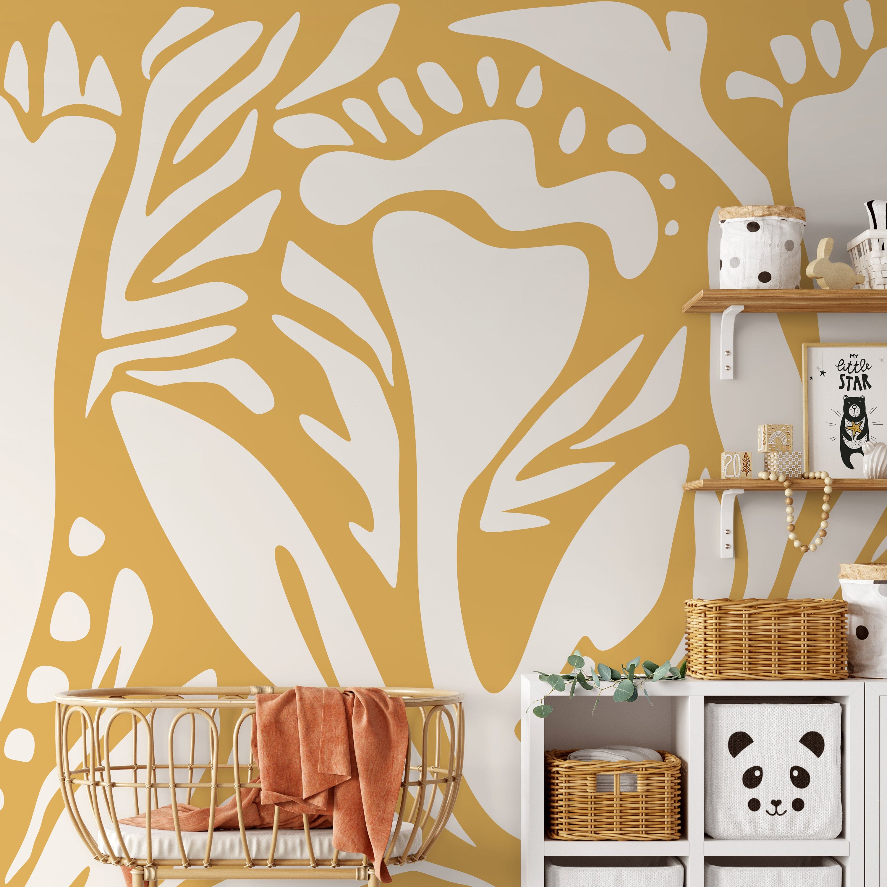 Abstract Wallpaper With Large Organic Forms In Yellow And White - D632