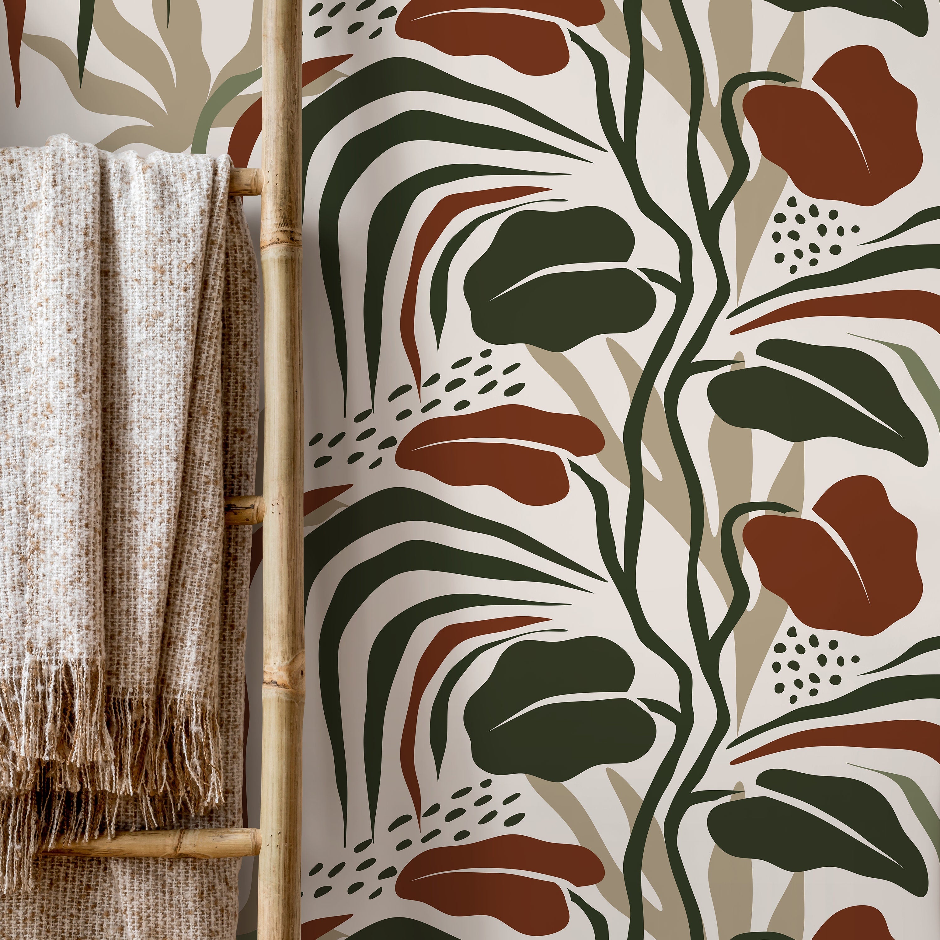 Botanical Wallpaper With Modern Abstract Leaves In Green And Terracotta - D717