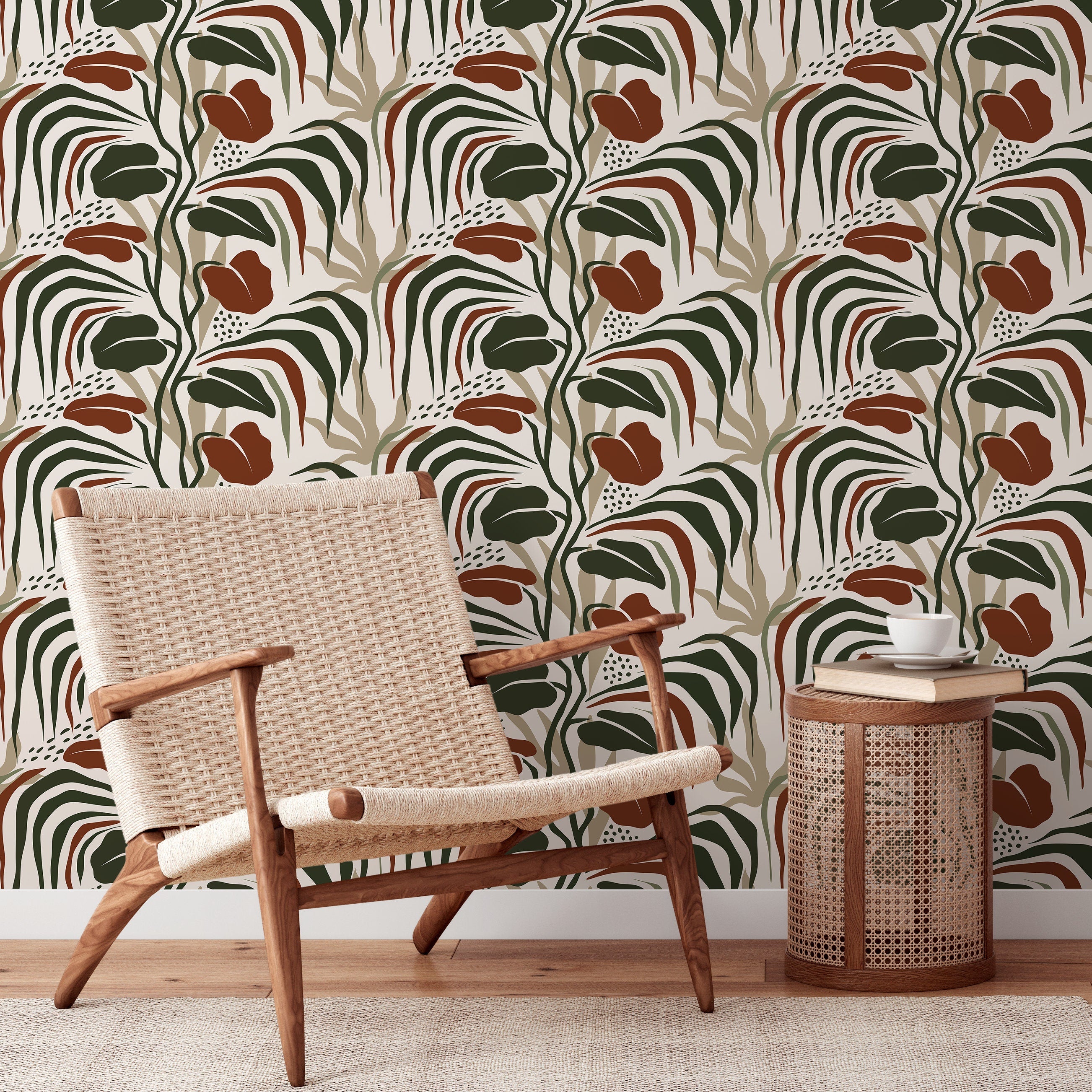 Botanical Wallpaper With Modern Abstract Leaves In Green And Terracotta - D717