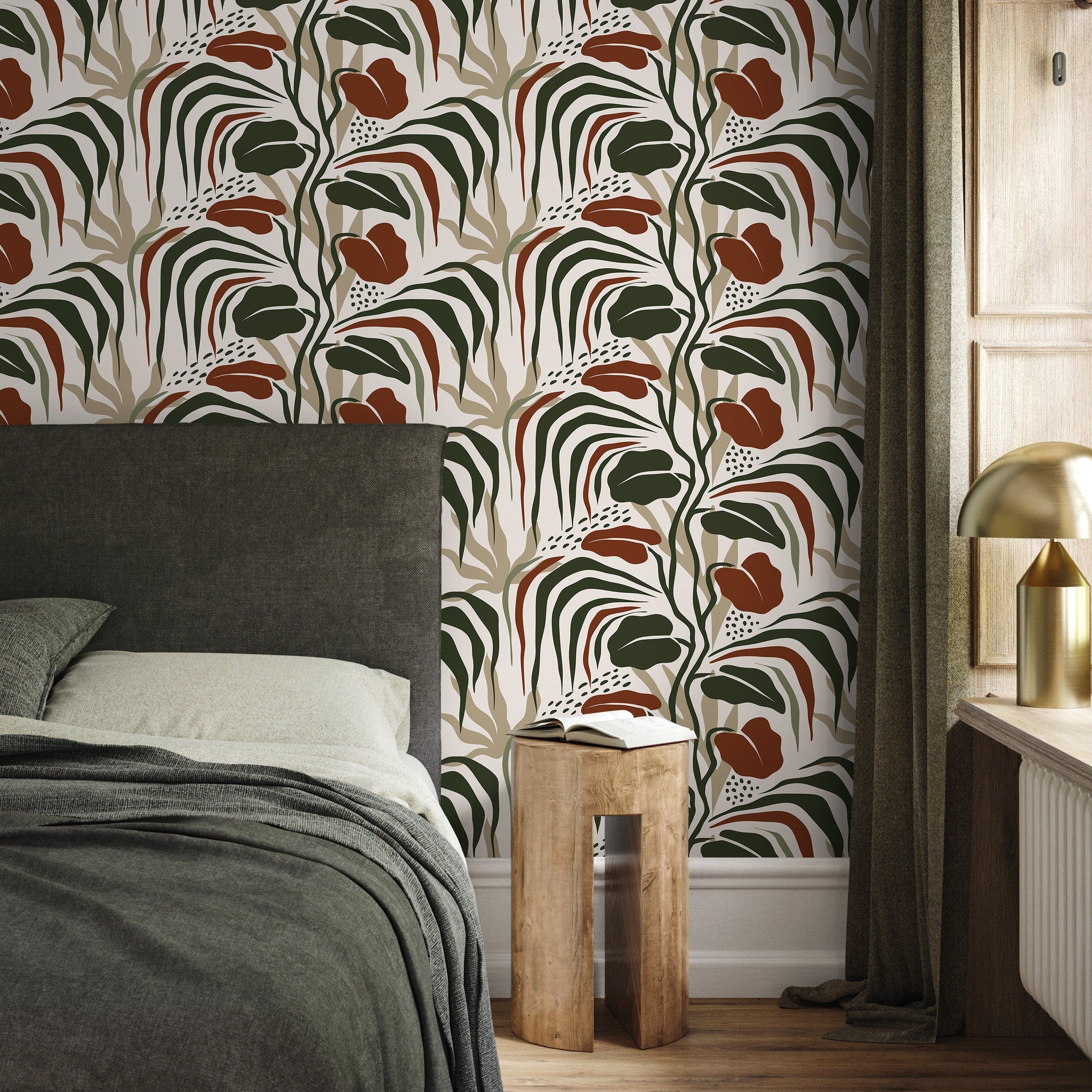 Botanical Wallpaper With Modern Abstract Leaves In Green And Terracotta - D717