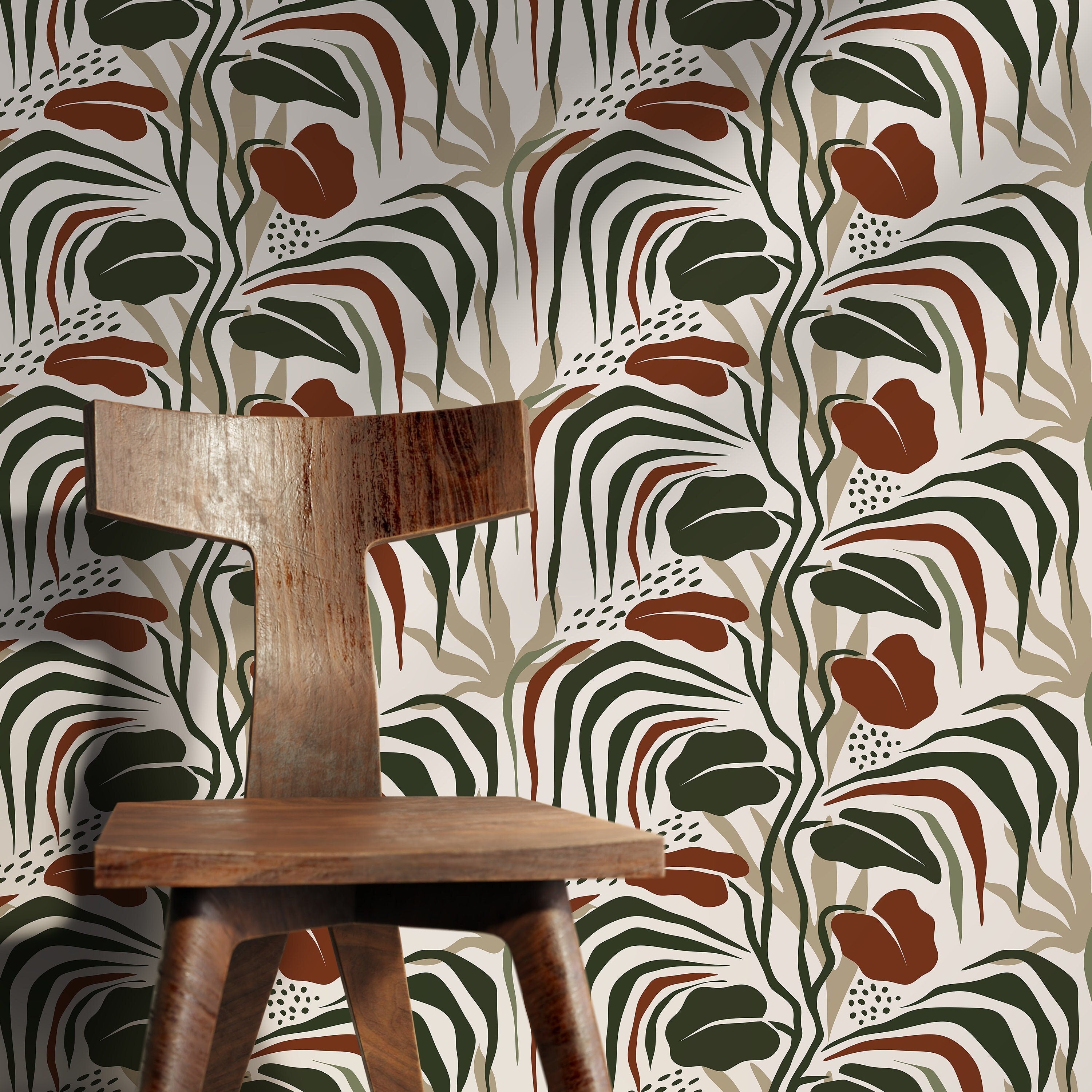Botanical Wallpaper With Modern Abstract Leaves In Green And Terracotta - D717