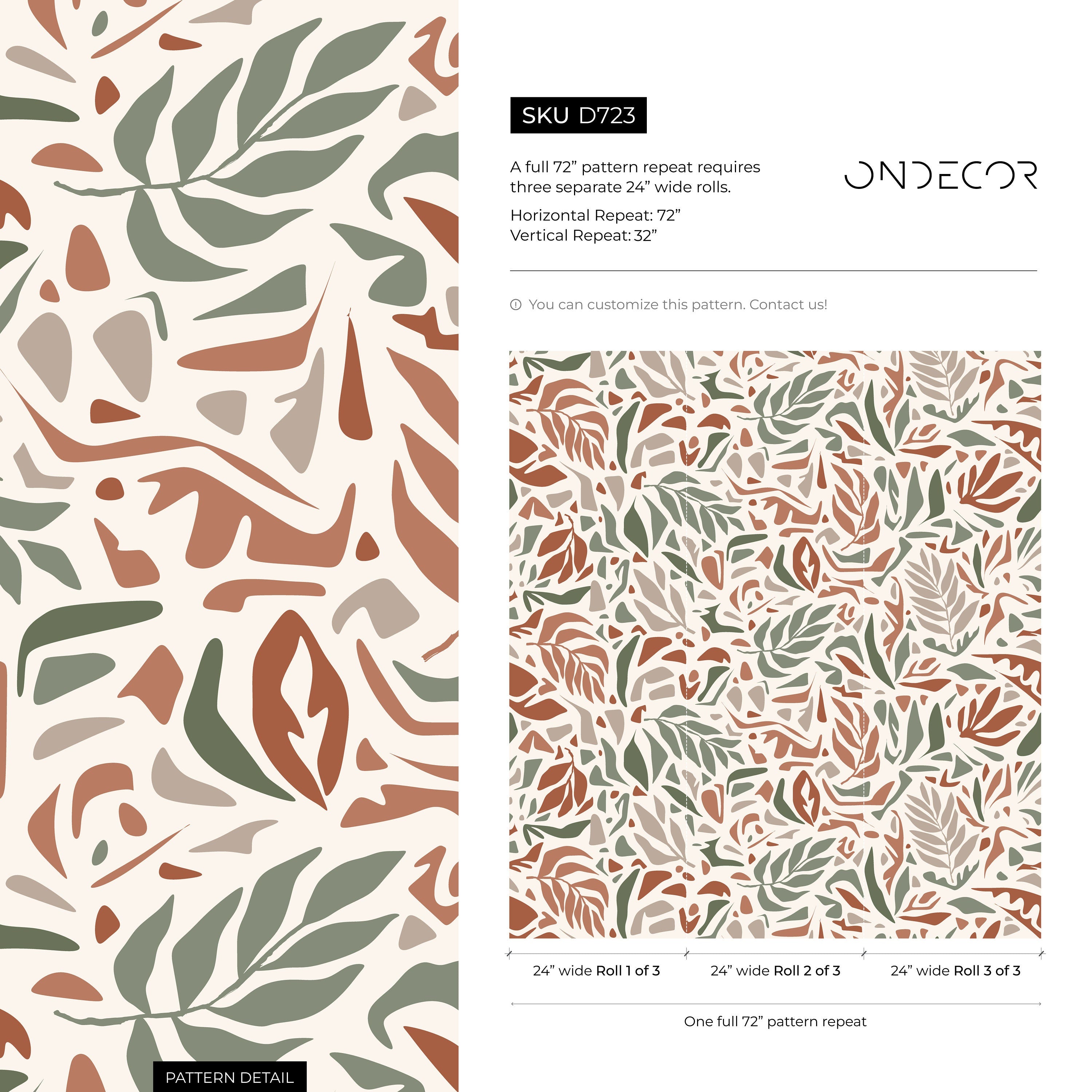 Abstract Wallpaper With An Abstract Botanical Motif In Taupe, Green, And Terracotta - D723