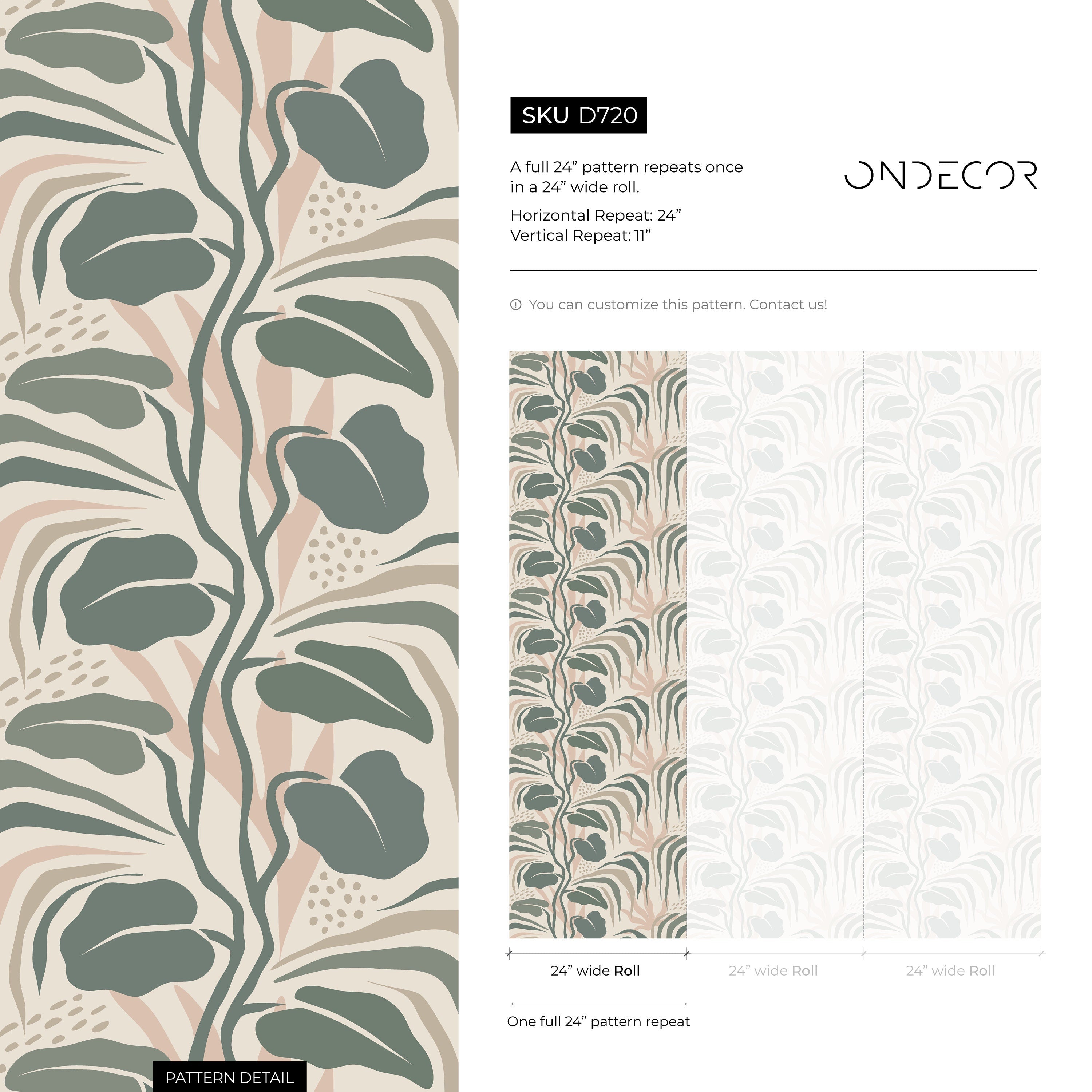 Botanical Wallpaper Featuring Abstract Foliage In Sage Green, Beige, And Pink - D720