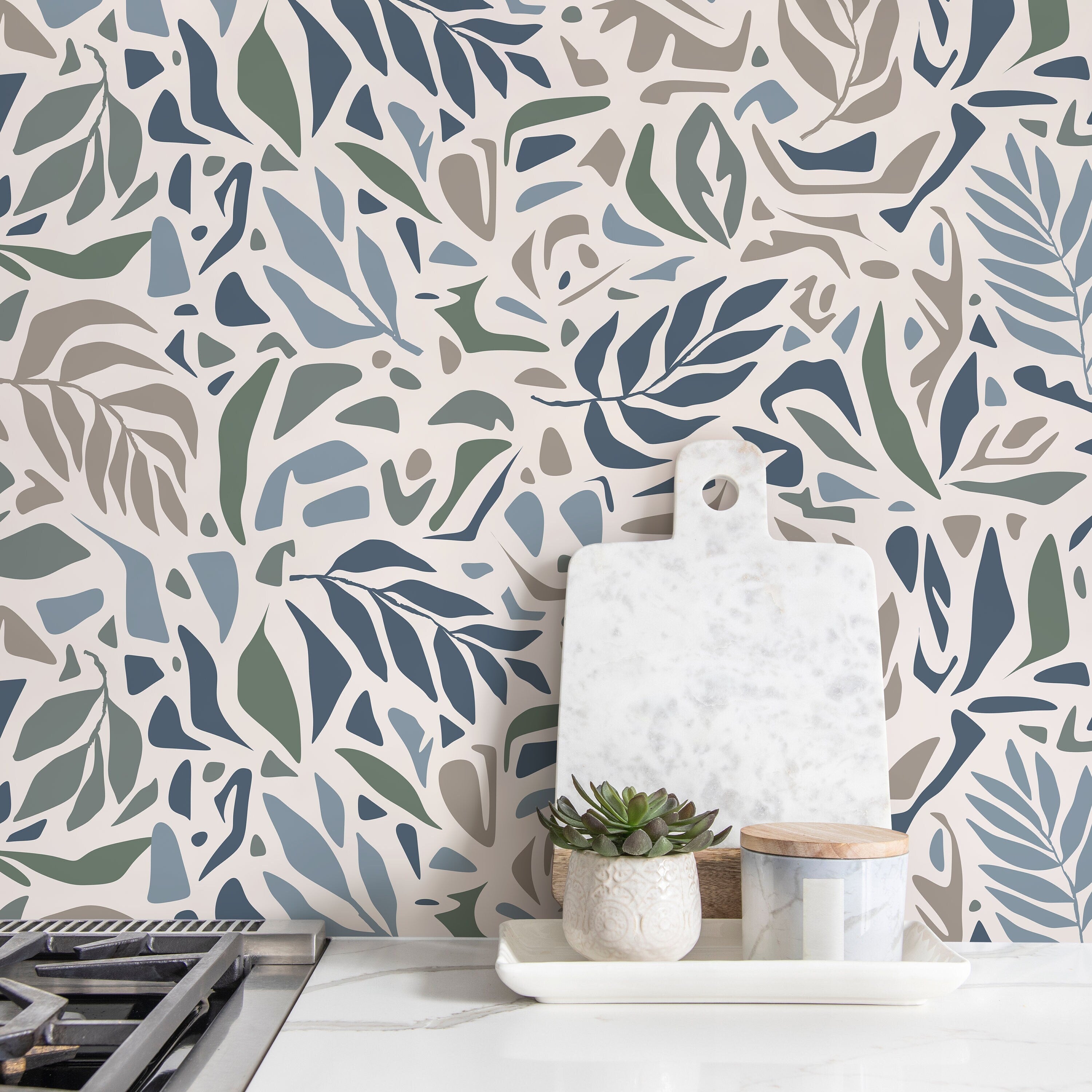Abstract Wallpaper With Modern Leaf Shapes In Blue, Green, And Taupe - D722