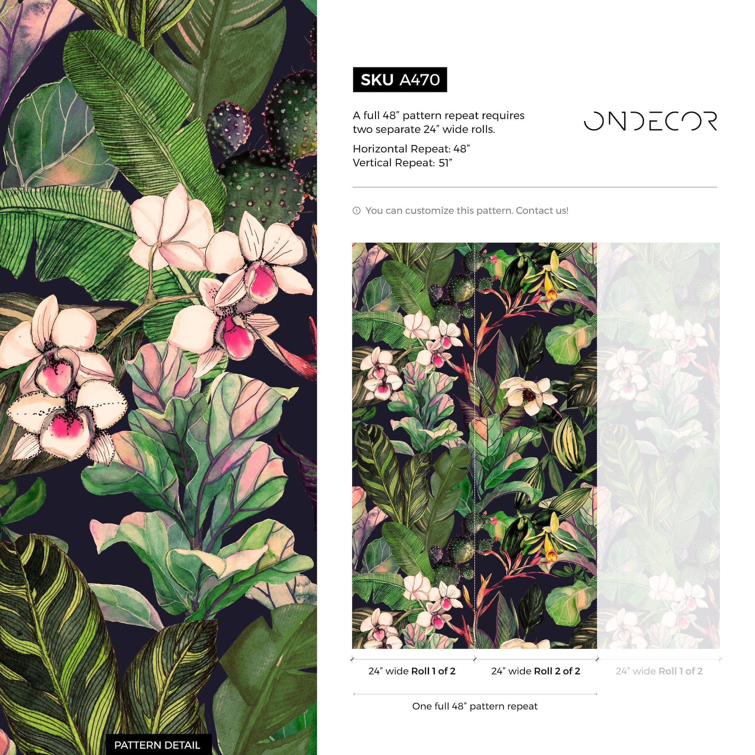 Tropical Wallpaper With Lush Jungle Leaves And Orchids In Green And Pink - A470